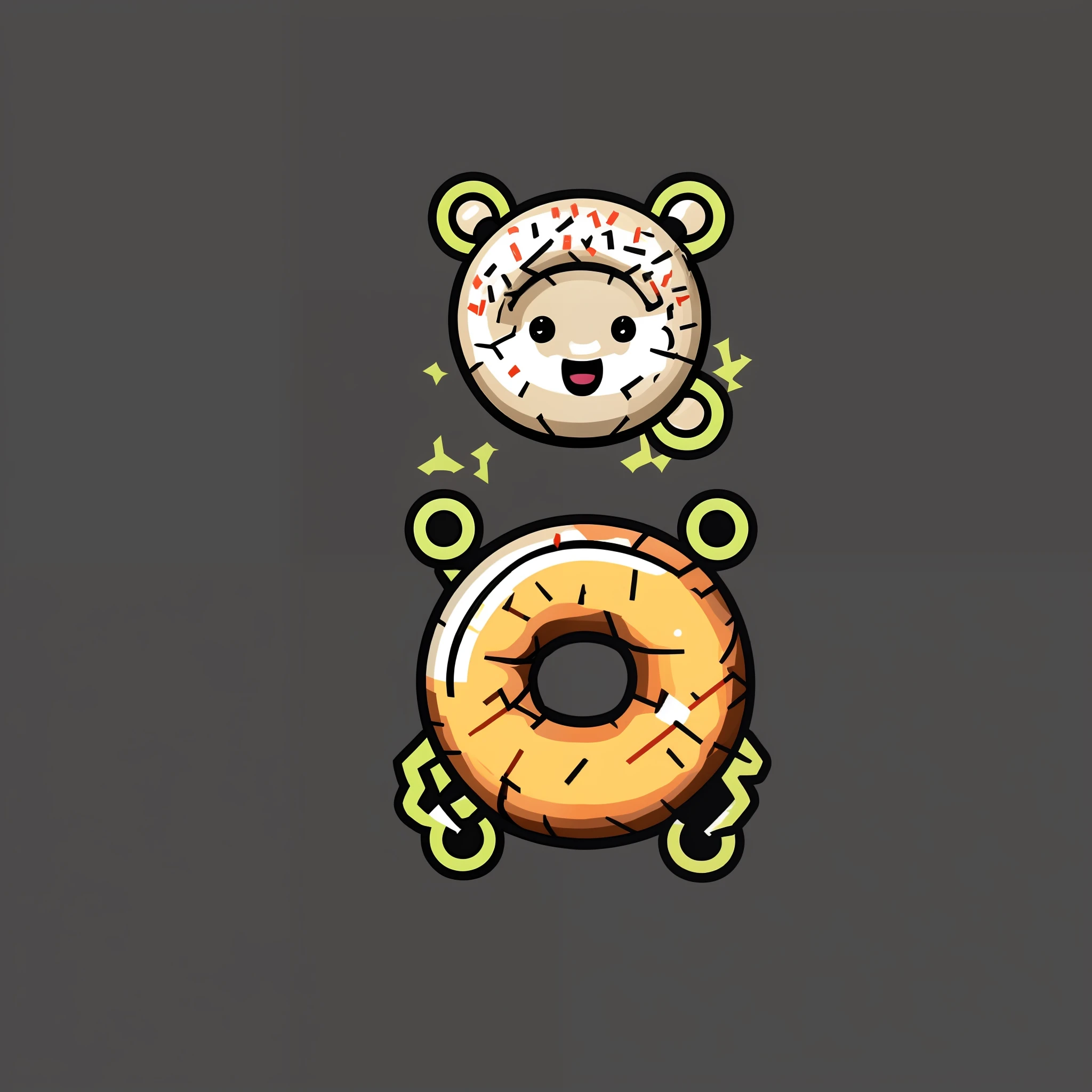 Donut character illustration for a sticker with black background, in the style of bold outline, trashcore, luminous shadowing --s750 --q2 --v6