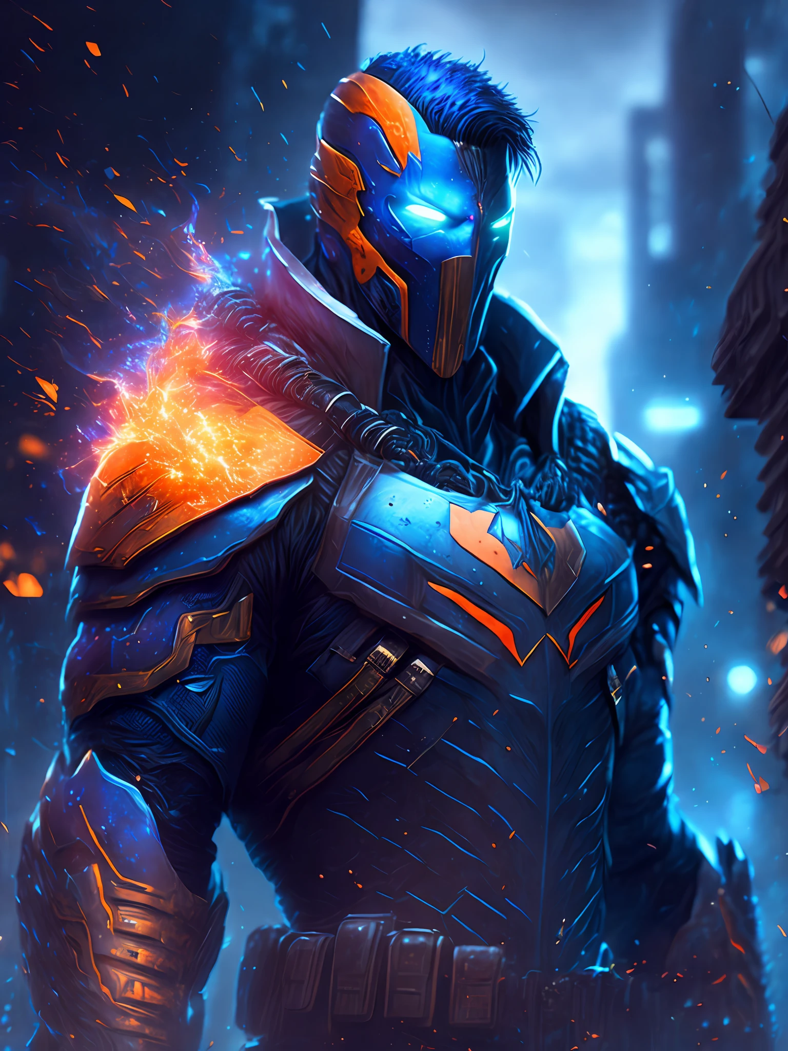 gloomy portrait of God Deathstroke from DC, extremely detailed, futuristic cityscape, nighttime, glowing neon lights, smoke, sparks, metal shavings, flying debris, blue energy effects, volumetric light