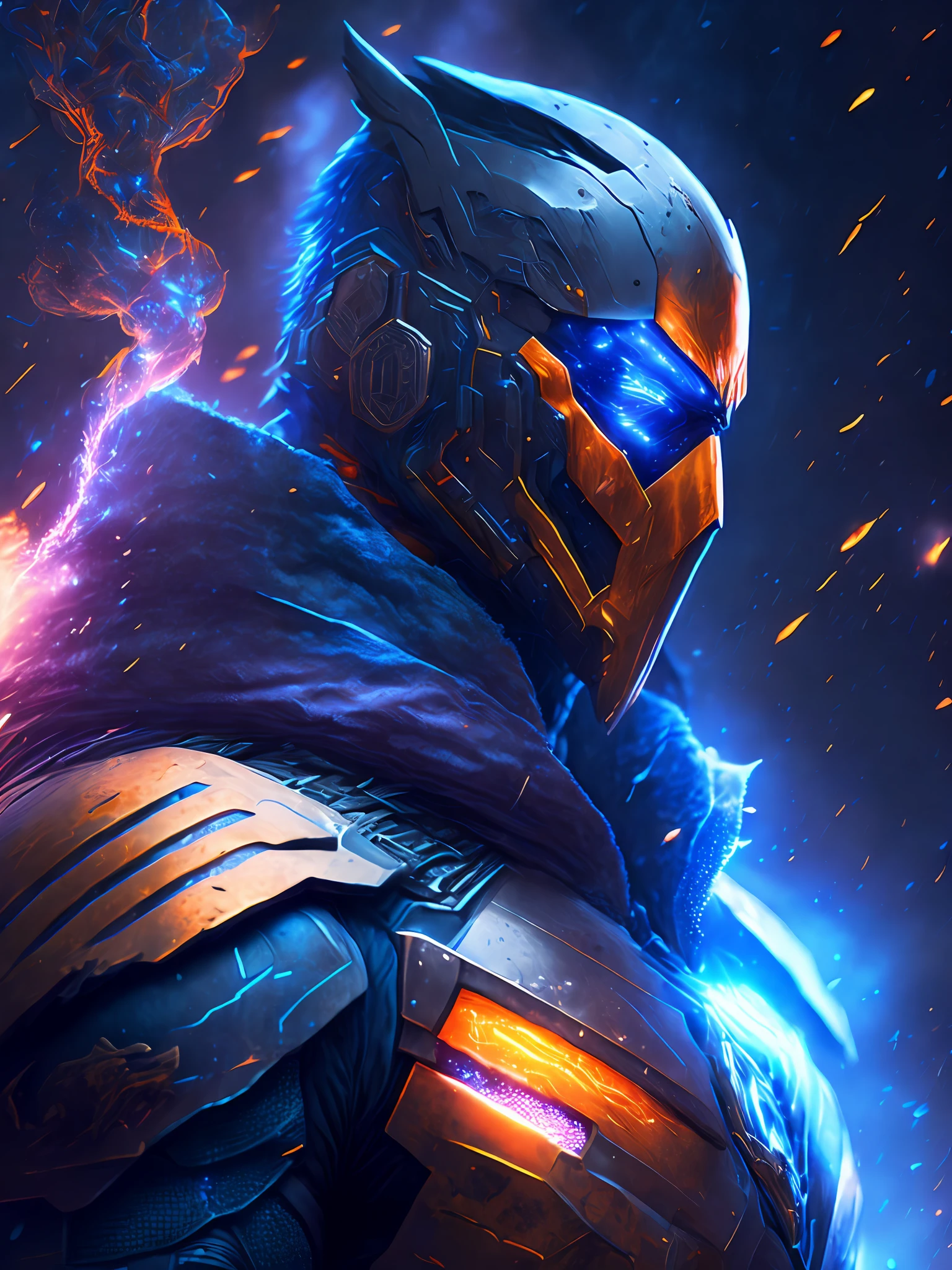gloomy portrait of God Deathstroke from DC, extremely detailed, futuristic cityscape, nighttime, glowing neon lights, smoke, sparks, metal shavings, flying debris, blue energy effects, volumetric light