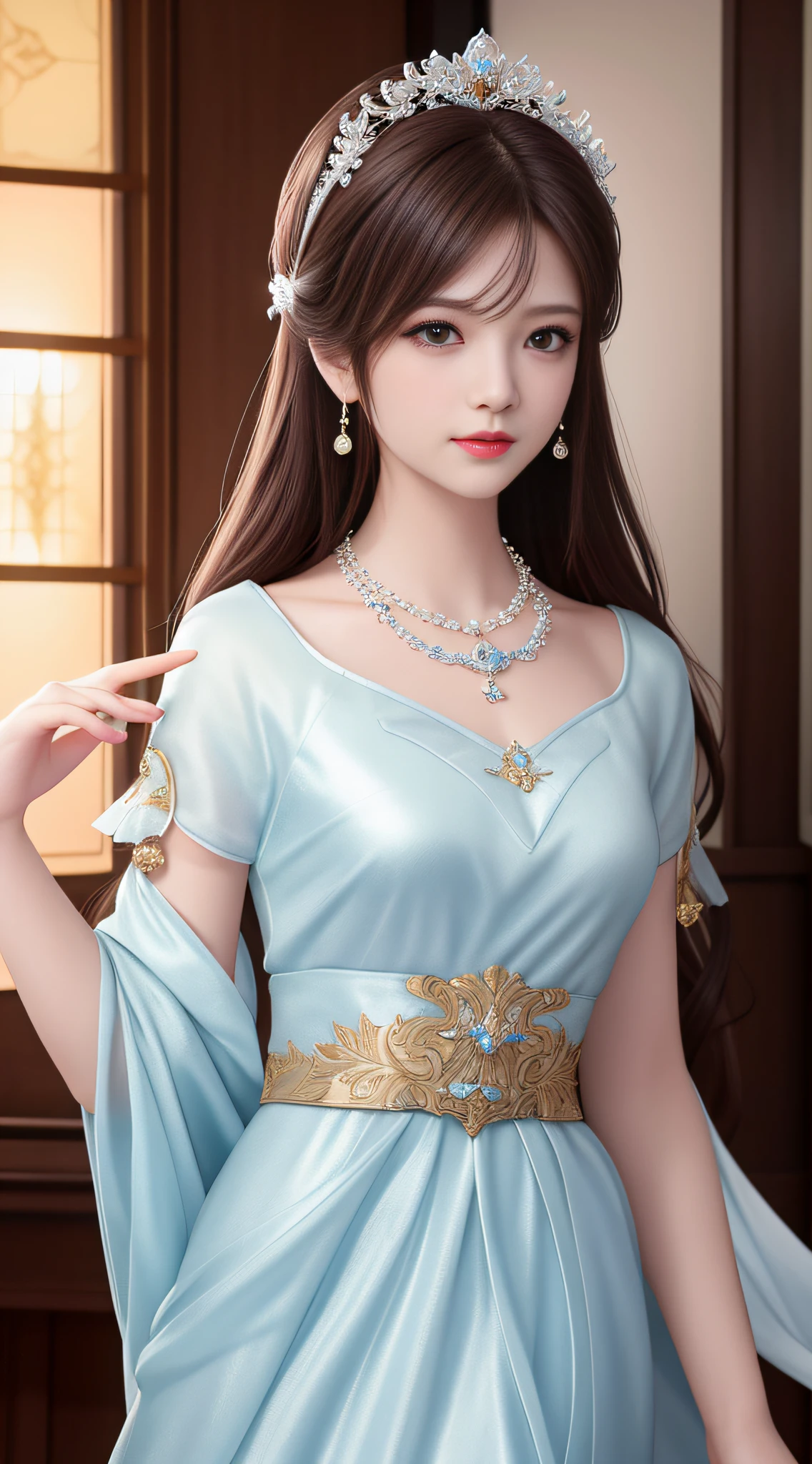 Best quality, masterpiece, high resolution, 1girl, porcelain dress, hair accessories, necklace, jewelry, beautiful face, on the body, Tyndall effect, realistic, dark studio, edge lighting, two-tone lighting, (high detail skin: 1.2), 8k UHD, dslr, soft light, high quality, volumetric light, candid, photo, high resolution, 4k, 8k, background blur,
