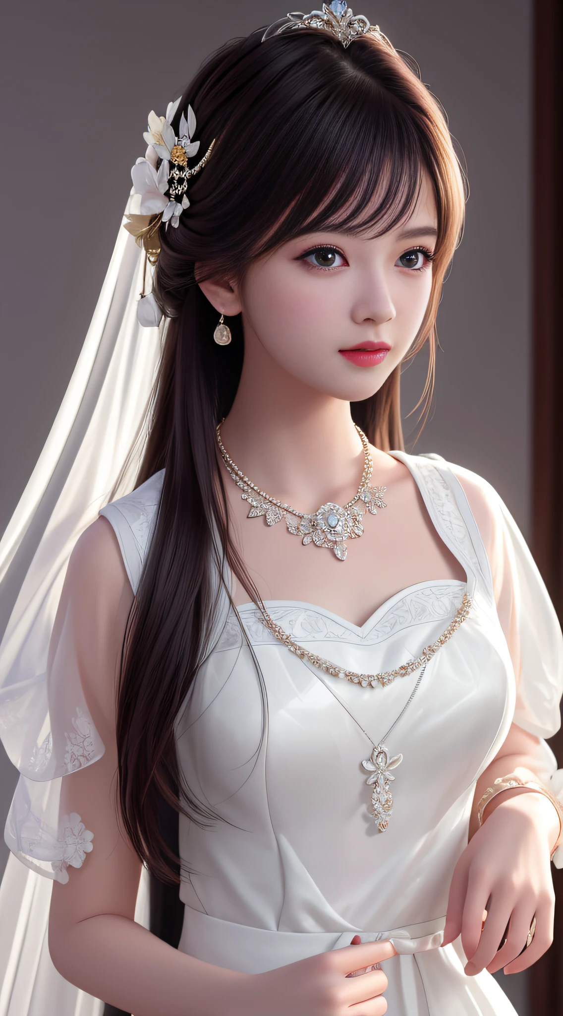 Best quality, masterpiece, high resolution, 1girl, porcelain dress, hair accessories, necklace, jewelry, beautiful face, on the body, Tyndall effect, realistic, dark studio, edge lighting, two-tone lighting, (high detail skin: 1.2), 8k UHD, dslr, soft light, high quality, volumetric light, candid, photo, high resolution, 4k, 8k, background blur,