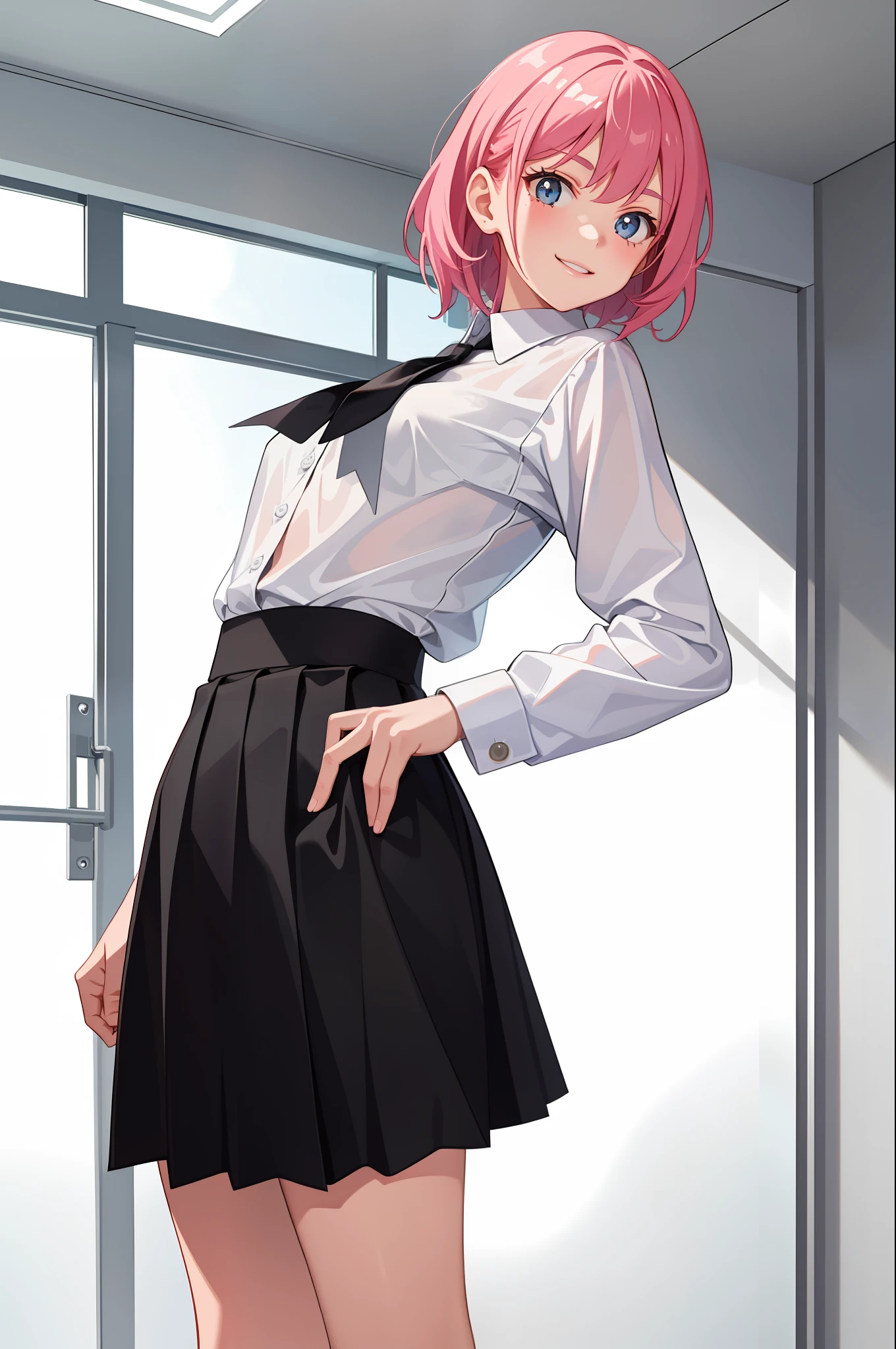 1 girl, smile, shirt, skirt, (small)