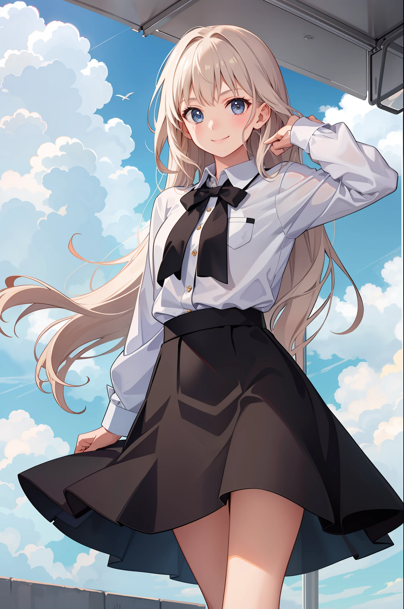 1 girl, smile, shirt, skirt, (small)
