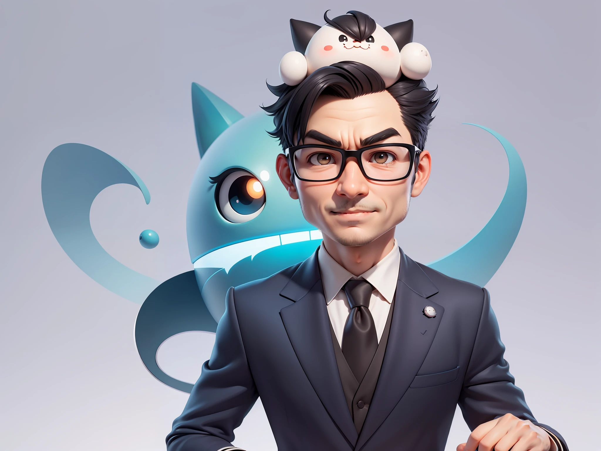 (Masterpiece), (Excellent), (Super Meticulous), (Full Body: 1.2), Super Young Man, Oriental Face, TV Anchor, Bust Portrait Illustration, Alone, Black Suit, Blue Tie, Silver Glasses, Slightly Chubby Face, Very Clean Face, No Beard, Black Super Short Hair, Black Eyes, Confident Smile, 3c Computer Sub-Products, iPad, iPhone, Digital Painting, 3D Character Design by Mark Clairen and Pixar and Hayao Miyazaki, the illustration is HD illustration in 4K resolution, With very detailed facial features and cartoon-style visuals.