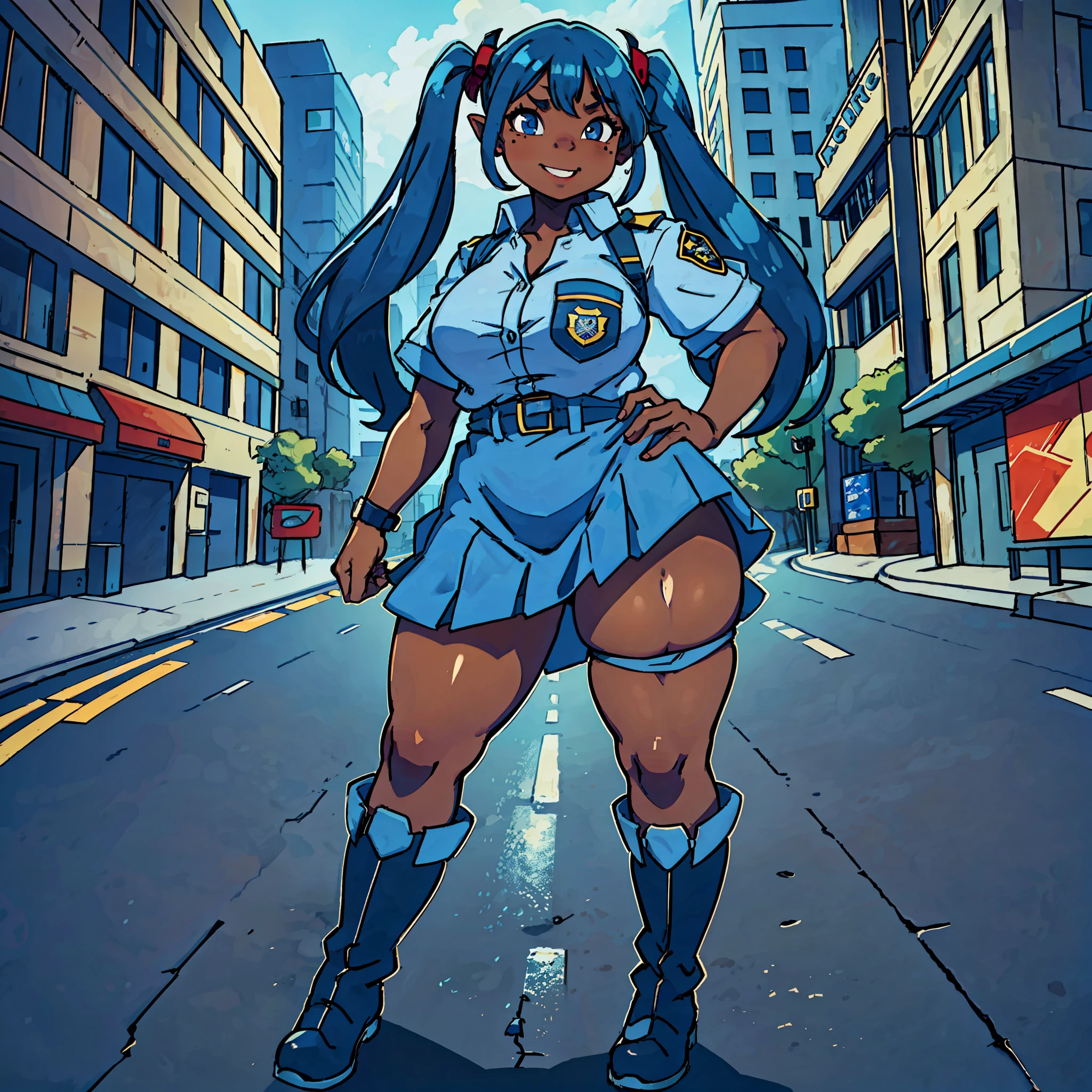 goblin girl, blue hair, very long hair, dark_ skin, dark skin goblin, very dark skin girl natural huge breasts, hair between eyes, twintails, chubby, chubby girl, chubby girl goblin, mole, mole on chest, age up, lips, big lips, thick eyebrows, body with fur, tusk, short girl, short goblin girl twintails, short girl, highly detailed, high quality, best quality, 8k, full body, fat, police, policewoman, police uniform, skirt, big boots, long sleevs, police station, sexy, top shirt, smile