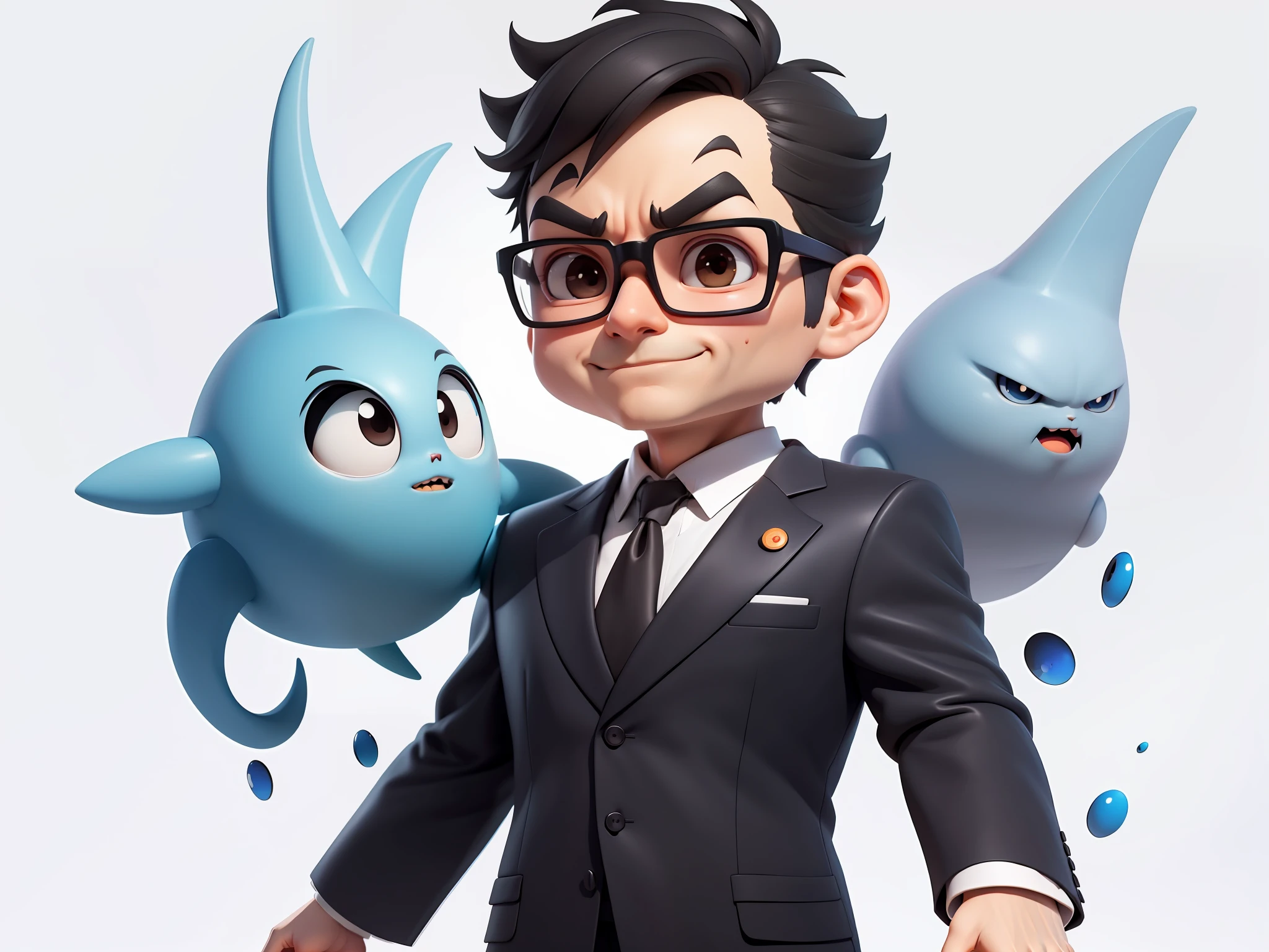 (Masterpiece), (Excellent), (Super Meticulous), (Full Body: 1.2), Super Young Man, Oriental Face, TV Anchor, Bust Portrait Illustration, Alone, Black Suit, Blue Tie, Silver Glasses, Slightly Chubby Face, Very Clean Face, No Beard, Black Super Short Hair, Black Eyes, Confident Smile, 3c Computer Sub-Products, iPad, iPhone, Digital Painting, 3D Character Design by Mark Clairen and Pixar and Hayao Miyazaki, the illustration is HD illustration in 4K resolution, With very detailed facial features and cartoon-style visuals.