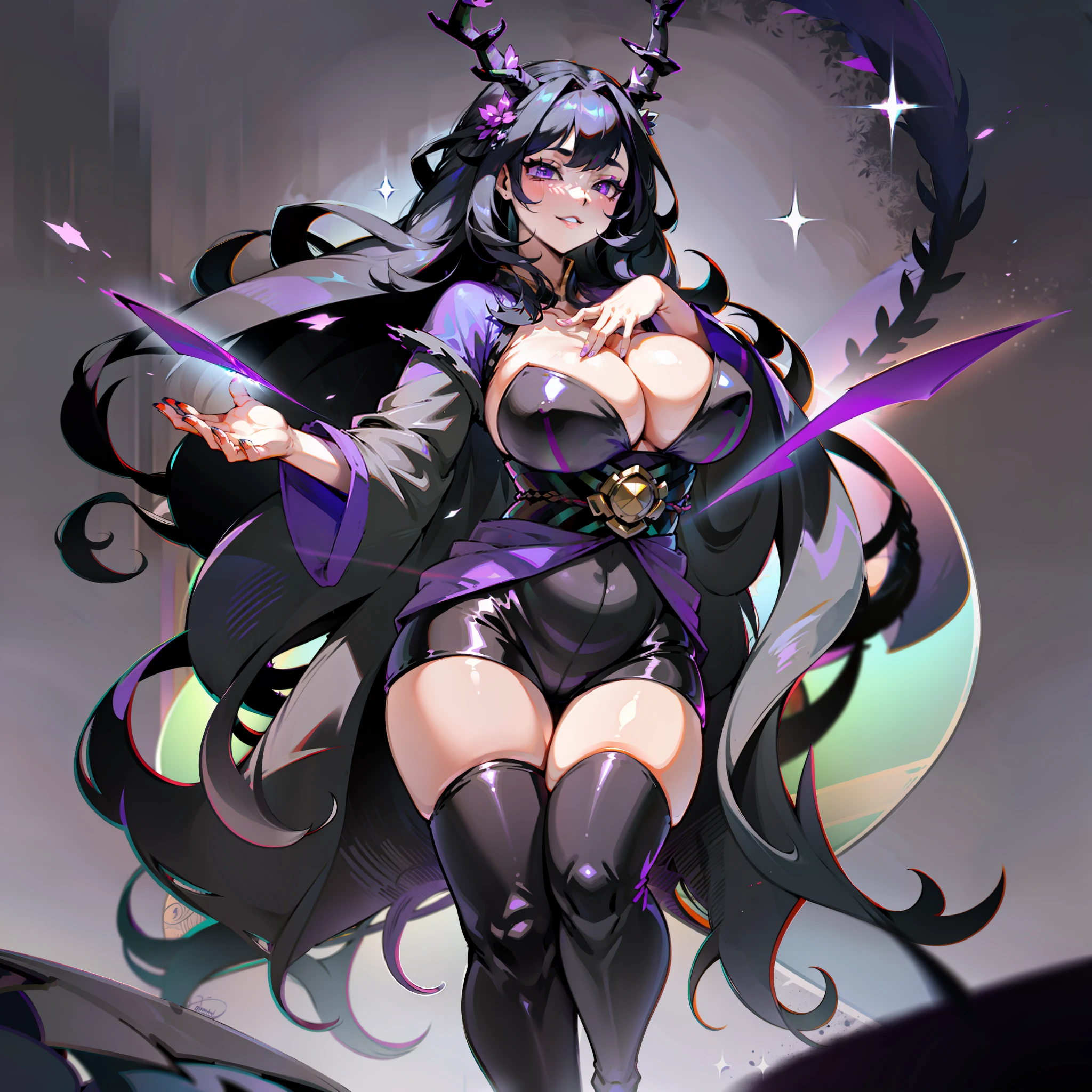 black hair, wide hips, evil smile, chubby, tall woman, very large breasts, tall, large, a long black hair, a black kimono with a blue circle made of stars to the left of the chest, two purple eyes with cat pupils that glow in the darkness, a metallic scorpion tail with a large stinger at the end, long black shorts that go up to the knee,   light purple high boots and two black deer antlers on the head