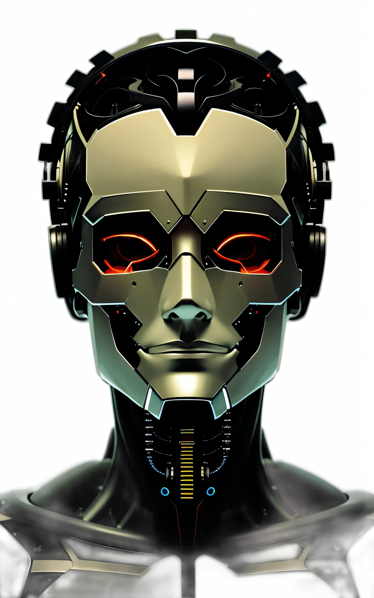 a close up of a robot with a head of headphones on, detailed face of an android, close-up portrait of cyborg, detailed portrait of a cyborg, robot with human face, portrait of a futuristic robot, robotic face, symmetry!! portrait of cyborg, portrait of an android, portrait of male humanoid, portrait of cyborg, cyborg portrait, robot face