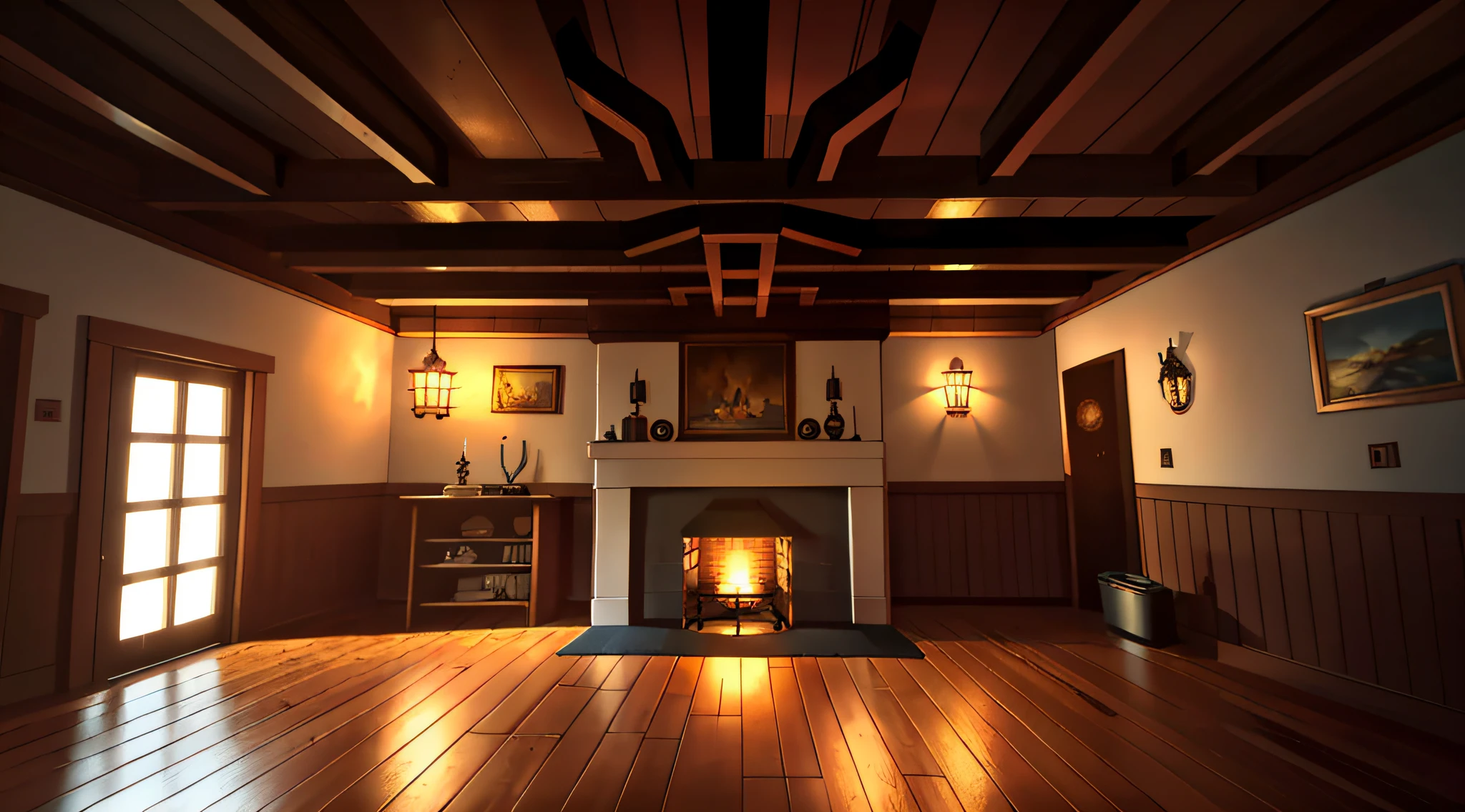 interior of a cottage, night, Symmetrical Camera Framing, Table in the center, Wide Camera Shot, Chimney in the center background ((masterpiece))