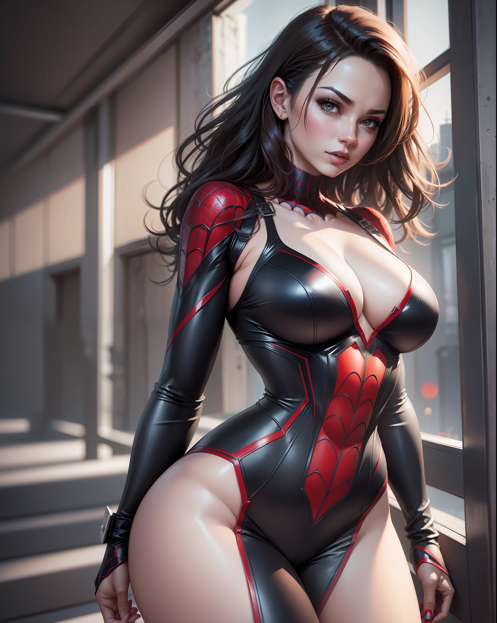 Spider man female version ultra realistic portrait style, cleavage, sexy, posing, big boobs, beautiful legs, best quality, sexy gorgeous body, extreme richness of detail.