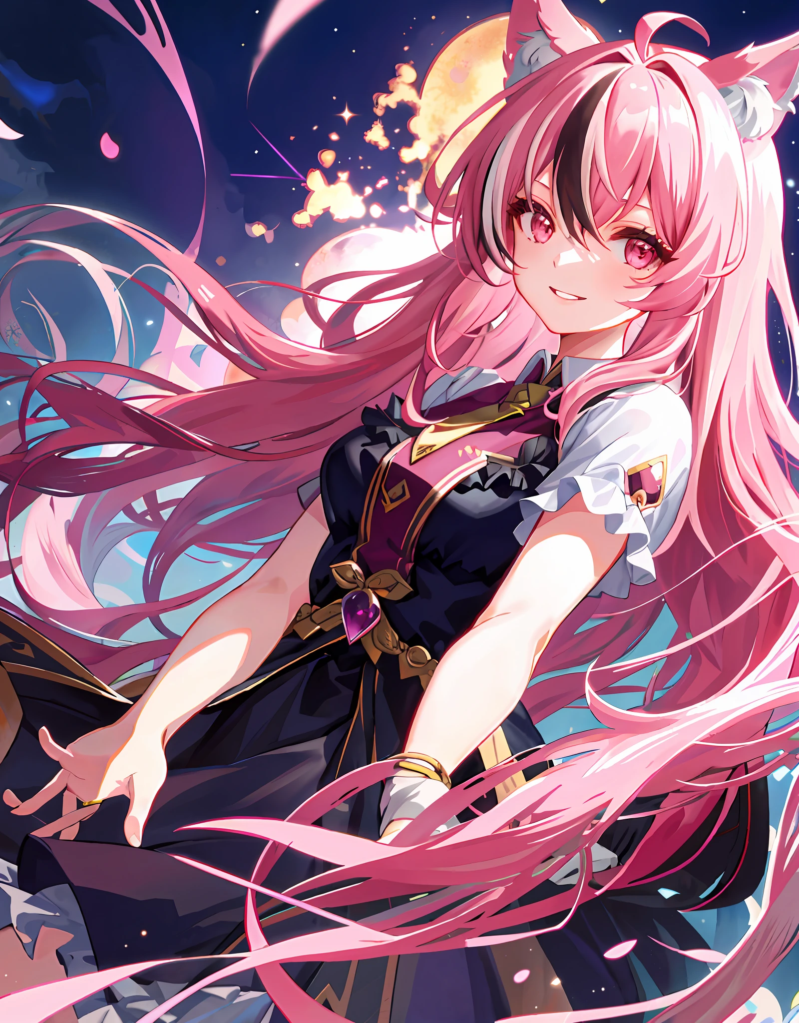 dynamic angle, upper body, 1girl, smile, wolf ears, wolf tail, pink eyes, hair between eyes, streaked hair, long hair, noble, frilled dress, jewel