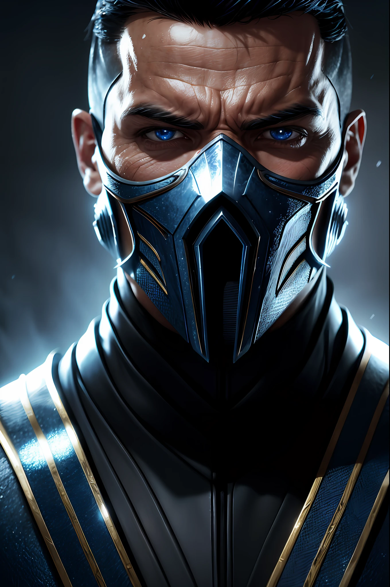 Mortal kombat, portrait (close up) Sub zero, ice effects, dark blue suit, realistically, dynamic lights, old, full footage, (extremely detailed 8k wallpaper of CG unit), trend in ArtStation, trend in CGSociety, high detail, sharp focus, dramatic, photorealistic