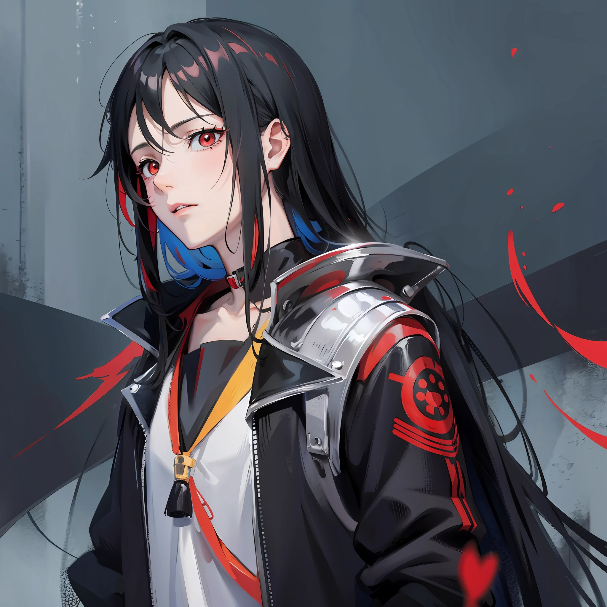 anime style boy with boredom face,long messy black hair and red eyes,artistic background,artistic colors