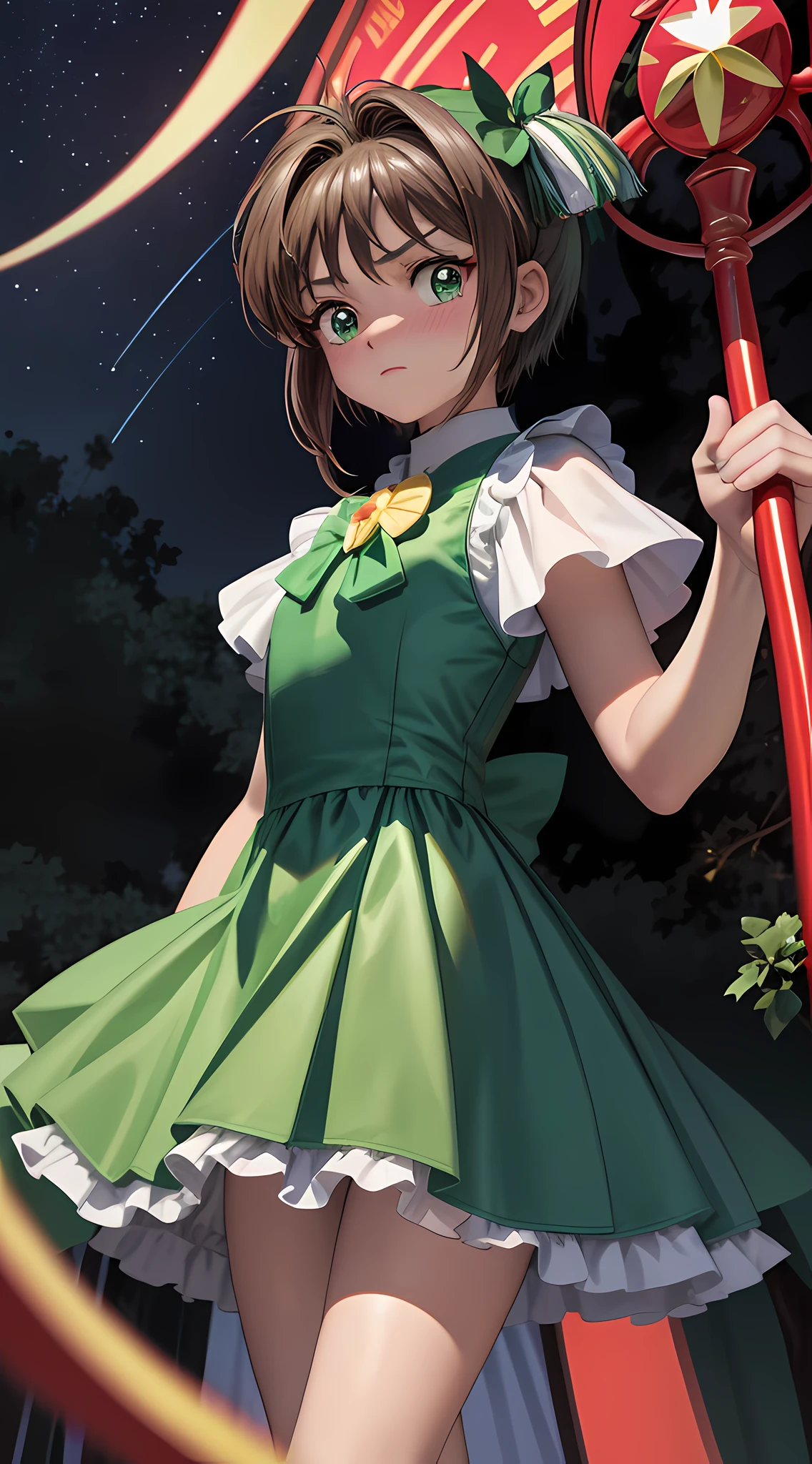 masterpiece, highres, garden kinomoto_sakura, 1girl, at night, star, angry, beautiful scene, starry green eyes, blush, magical girl, flaming green eye, green eye trail, flaming eye, eye trail
Hoping to start, with its magic crosier with clow symbol.