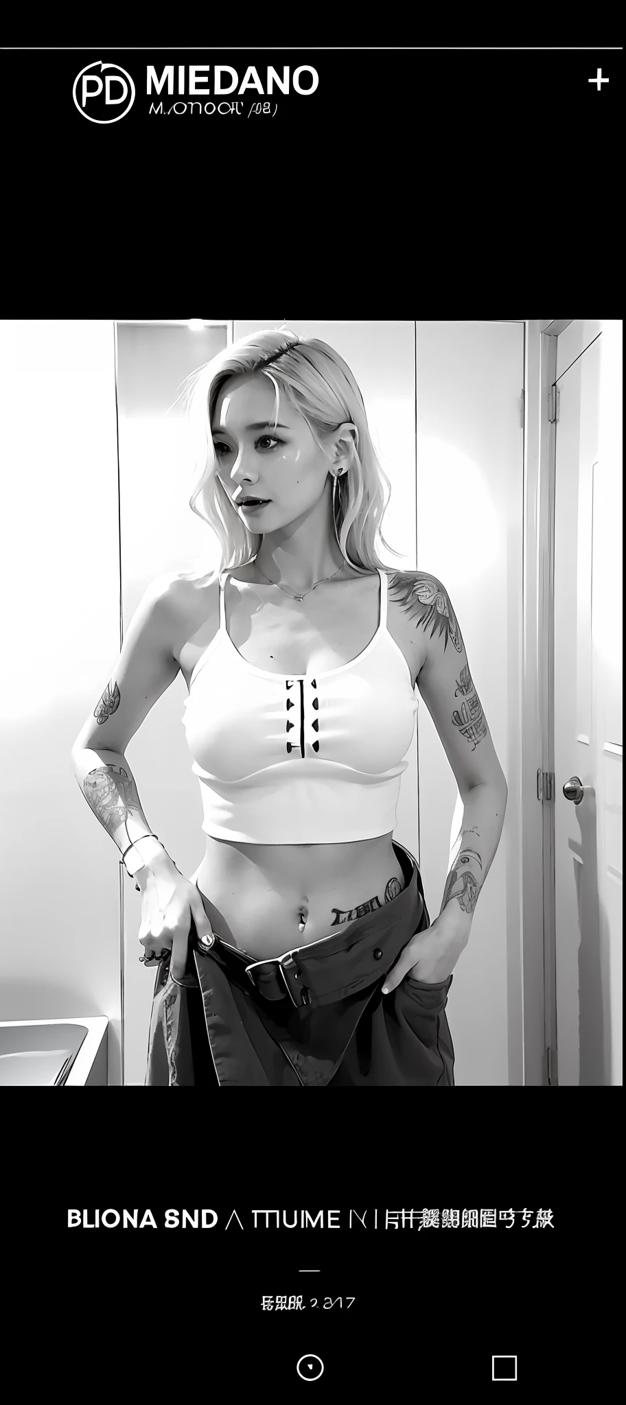 Blonde woman in a white top standing in front of a mirror, nudist, pink tattoo,underboobs tattoo, black and white, p&m photo, high quality photography, fit pic