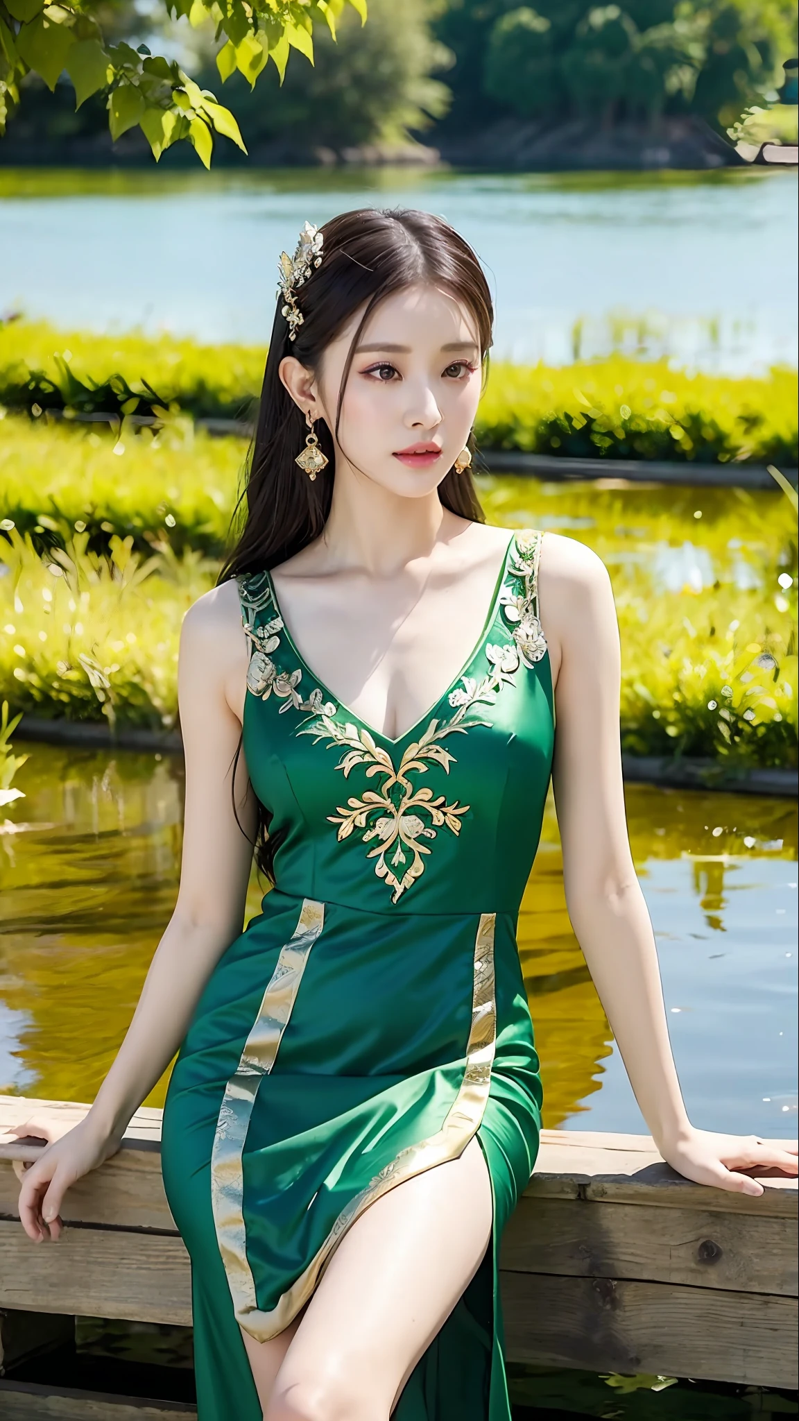 arafed woman in a green dress sitting on a dock in a pond, a beautiful fantasy empress, beautiful and elegant elf queen, very beautiful elven top model, inspired by Du Qiong, inspired by Lan Ying, gilded lotus princess, ((a beautiful fantasy empress)), beautiful elven princess, inspired by Wu Bin, queen of the sea mu yanling