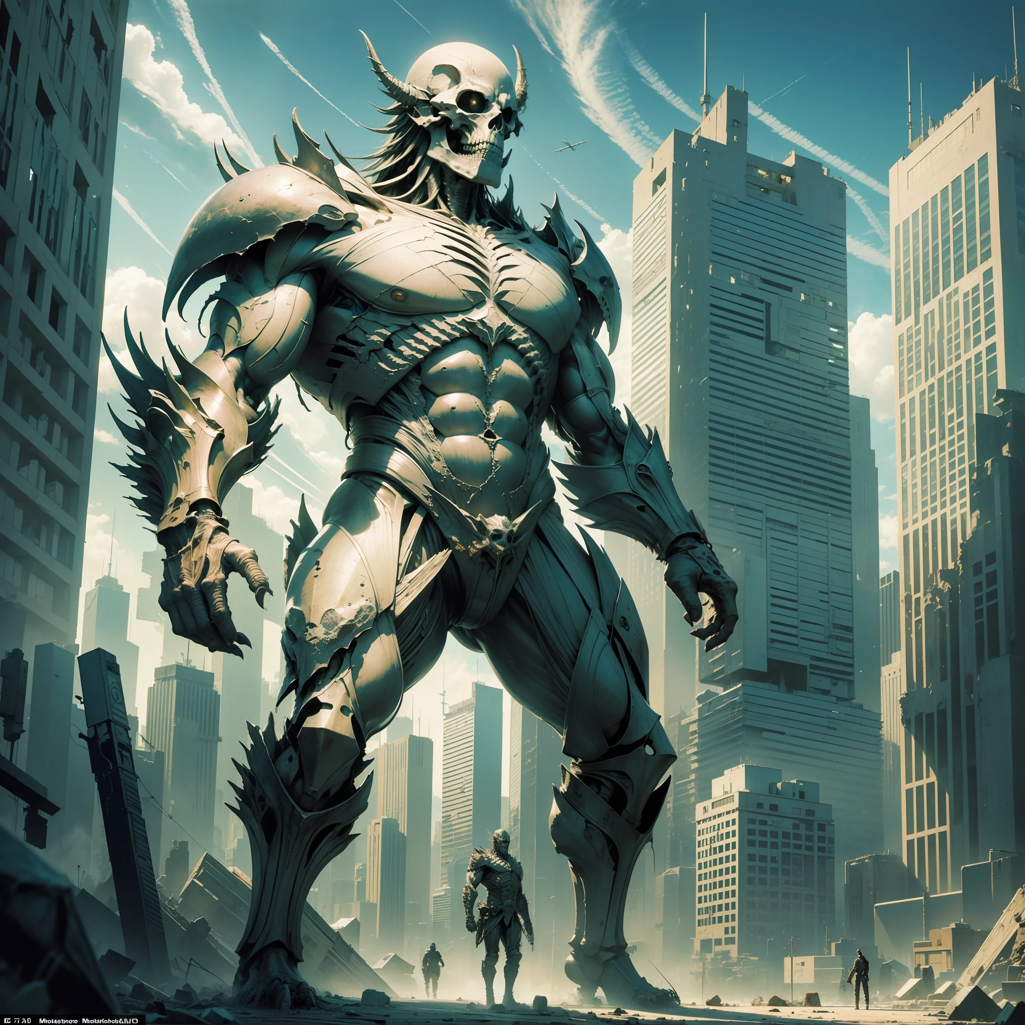 ((realistic: 1.5)),((best quality)), ((masterpiece)),((detailed)), humanoid monster, muscular bone body, large, face with exposed bones, destroyed city