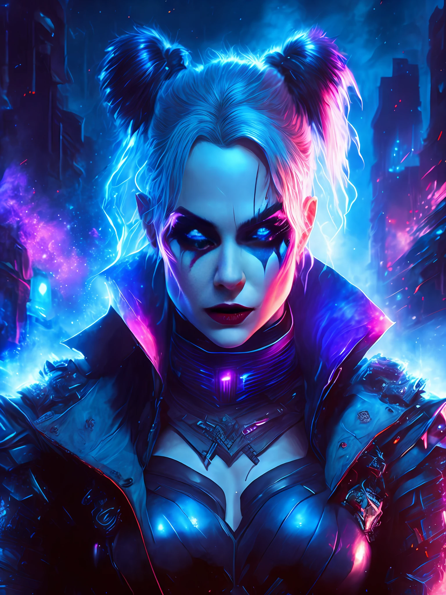 gloomy portrait of God Harley Quinn from DC, extremely detailed, futuristic cityscape, nighttime, glowing neon lights, smoke, sparks, metal shavings, flying debris, blue energy effects, volumetric light