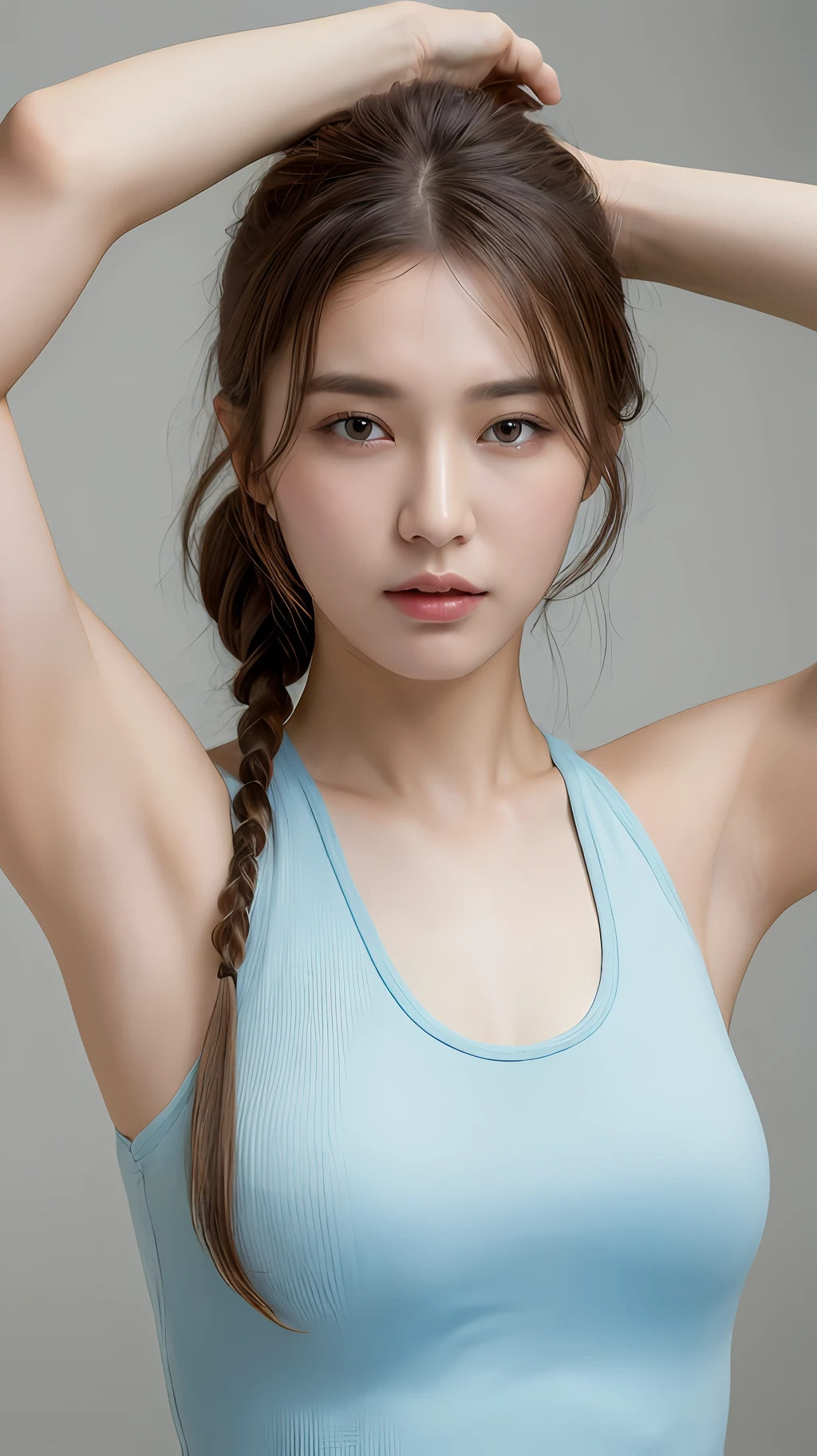 ((Best quality, 8k, Masterpiece :1.3)), 1girl, Pretty woman with emphasizing slender abs :1.3, (random hairstyles :1.2), Oversized tank top :1.2, Ultra-detailed face, Detailed eyes, Double eyelid, armpit