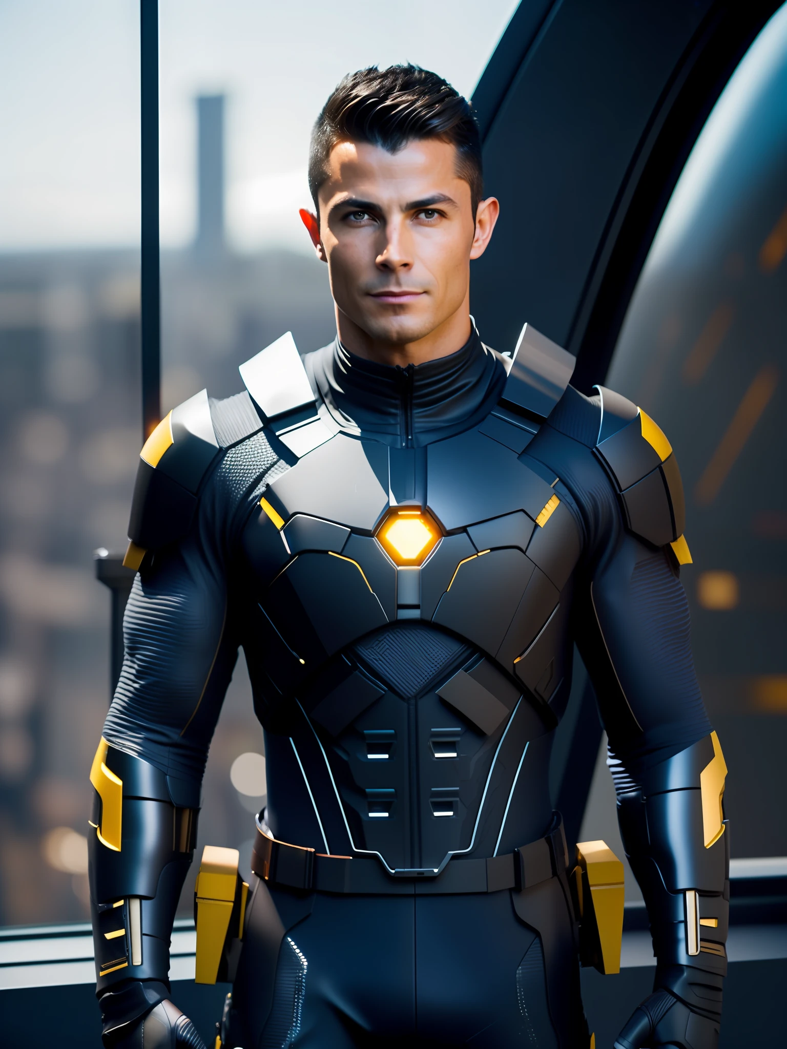 fking_scifi, award-winning photo of Cristiano Ronaldo as bruce wayne with batsuit in batman movie, full body, black batman costume with yellow details, brown hair, (gray eyes: 1.35), square chin, asymmetrical face, standing in front of a window on a spaceship, 80 mm, bokeh, mass effect, close-up, fking_cinema_v2