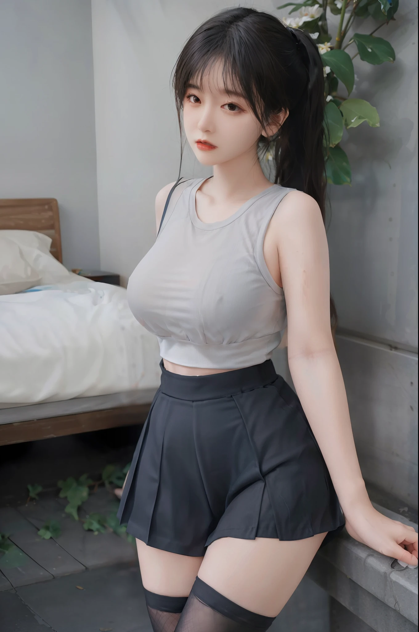 Masterpiece: 1.2, Best Quality), Realism, (Real Pictures, Rich Detail Detail, Depth of Field), (1 Girl, Solo), Makeup, High Detail, Perfect Face Shape, (: 1.4), (Skin Dents), Thick Thighs, Broad Buttocks, Thin Waist Thin, High, Coral, Red Lips, Red Eyes, Ponytail (Girls, Shallow Tulle, Tulle Transparent), (Sweat: 1.2), (Wet), Sexy, Blush, (Shy Expression), Tank Top, Suspenders, Belly Pocket, Shorts, Yoga Pants, Tight Short Skirt, Tight Shorts, stockings, fishnet socks, pajamas, pleated skirts, skirts, hip skirts, flowers on clothes,
