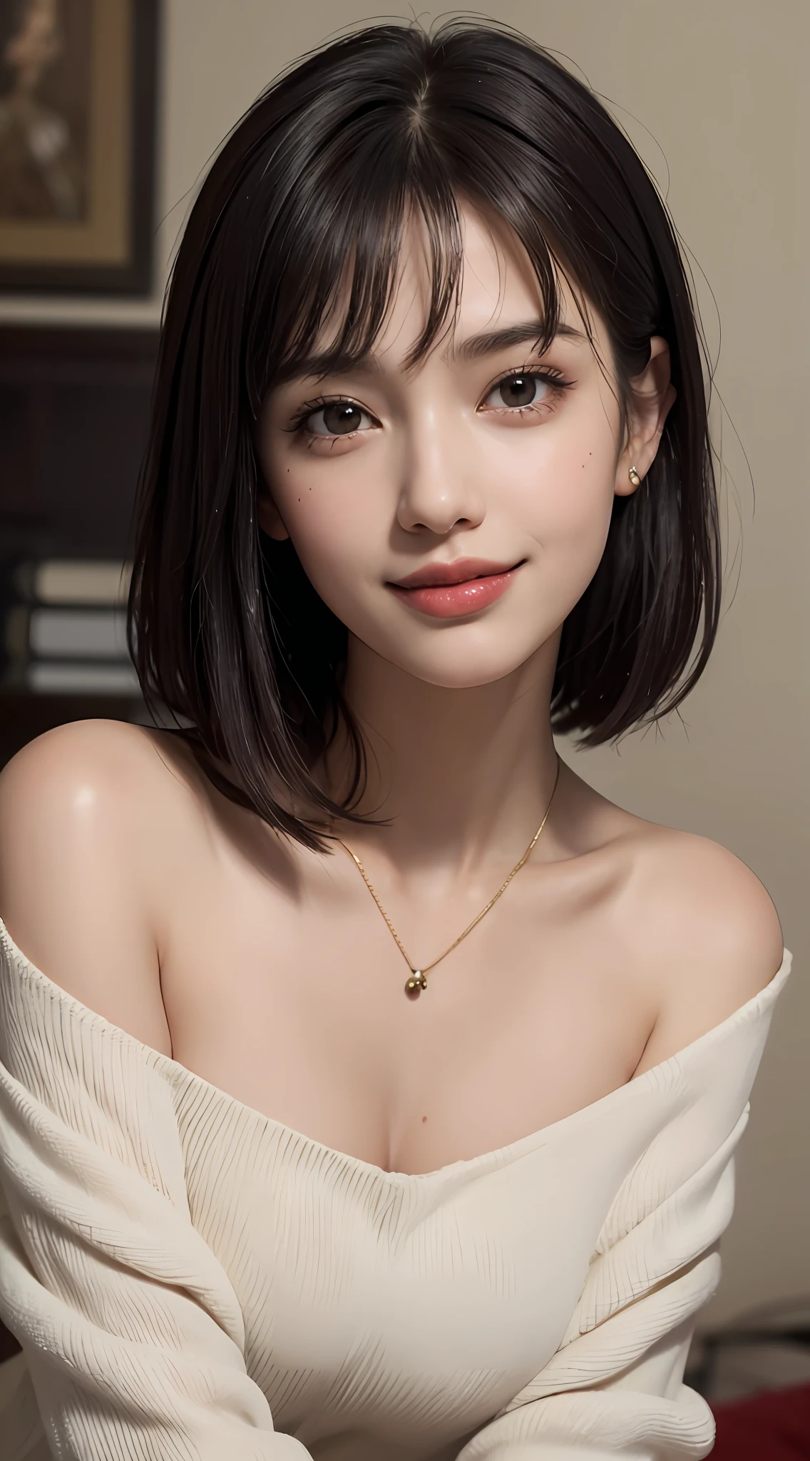 (top quality, 8k, masterpiece: 1.3), pretty woman with perfect figure: 1.4, dark brown hair, big, wearing pendants, torn shorts, sleeping in bedroom, very detailed face and skin, detailed eyes, double eyelids, top quality, masterpiece, (photorealistic: 1.4), one woman, golden ratio, high angle shot, upper eye care, low angle shot, perfect face, beautiful figure, cute face, face close-up, zoom in on face, short bob, short hair, smile from different angles, smile, gloss, highlight, gloss, glossy on skin, glossy on skin, wet skin, wet, bangs, cute smile, bust, off-shoulder, refreshing charm, elegant, perfect hands, smile from angle, smile, shiny, highlight, glossy skin, bangs, bust, big, Warm off-shoulder, refreshing charm, ears out, gaze to the camera, poses at different angles