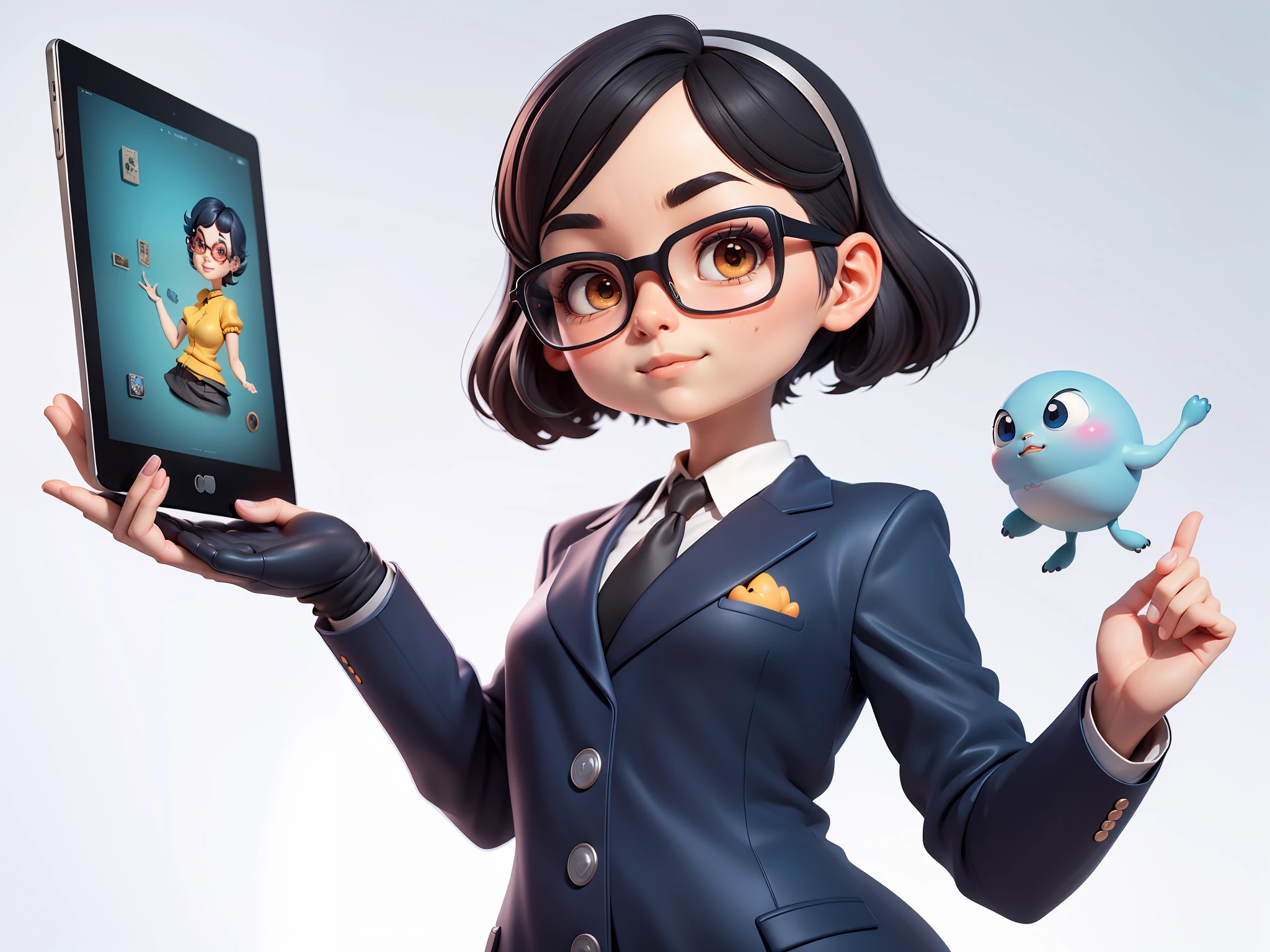 (Masterpiece), (Excellent), (Super Meticulous), (Full Body: 1.2), Super Young Woman, Beautiful, Sexy, Bursting, Oriental Face, TV Anchor, Bust Portrait Illustration, Alone, Black Suit, Blue Tie, Silver Glasses, Slightly Chubby Face, Very Clean Face, No Beard, Black Super Short Hair, Black Eyes, Confident Smile, 3c Computer Sub-Products, iPad, iPhone, Digital Painting, 3D Character Design by Mark Claireldon and Pixar and Hayao Miyazaki, The illustration is a high-definition illustration in 4K resolution with very detailed facial features and cartoon-style visuals.