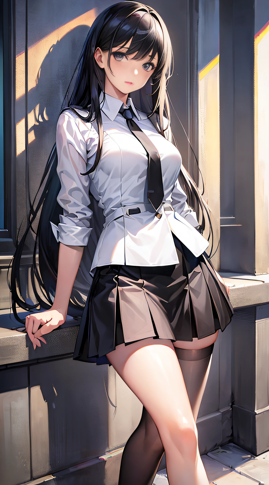 ((masterpiece, best_quality)), 1girl, (photorealistic:1.4), solo, white_background, black_hair, long_hair, zettai_ryouiki, skirt, ((full_body)),