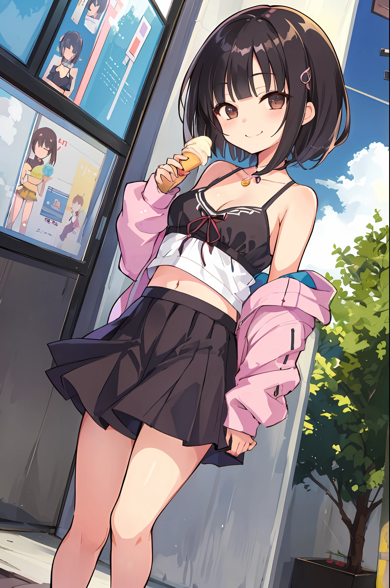 masterpiece, best quality, girl, shirt, mini skirt ,, **li,18 years old,,Tokyo,Cell anime,look here,Navel visible,,Short hair,skirt lift,blunt bangs,walking,cleavage,shoulder out,pixiv fan box,eat ice cream,,big smile