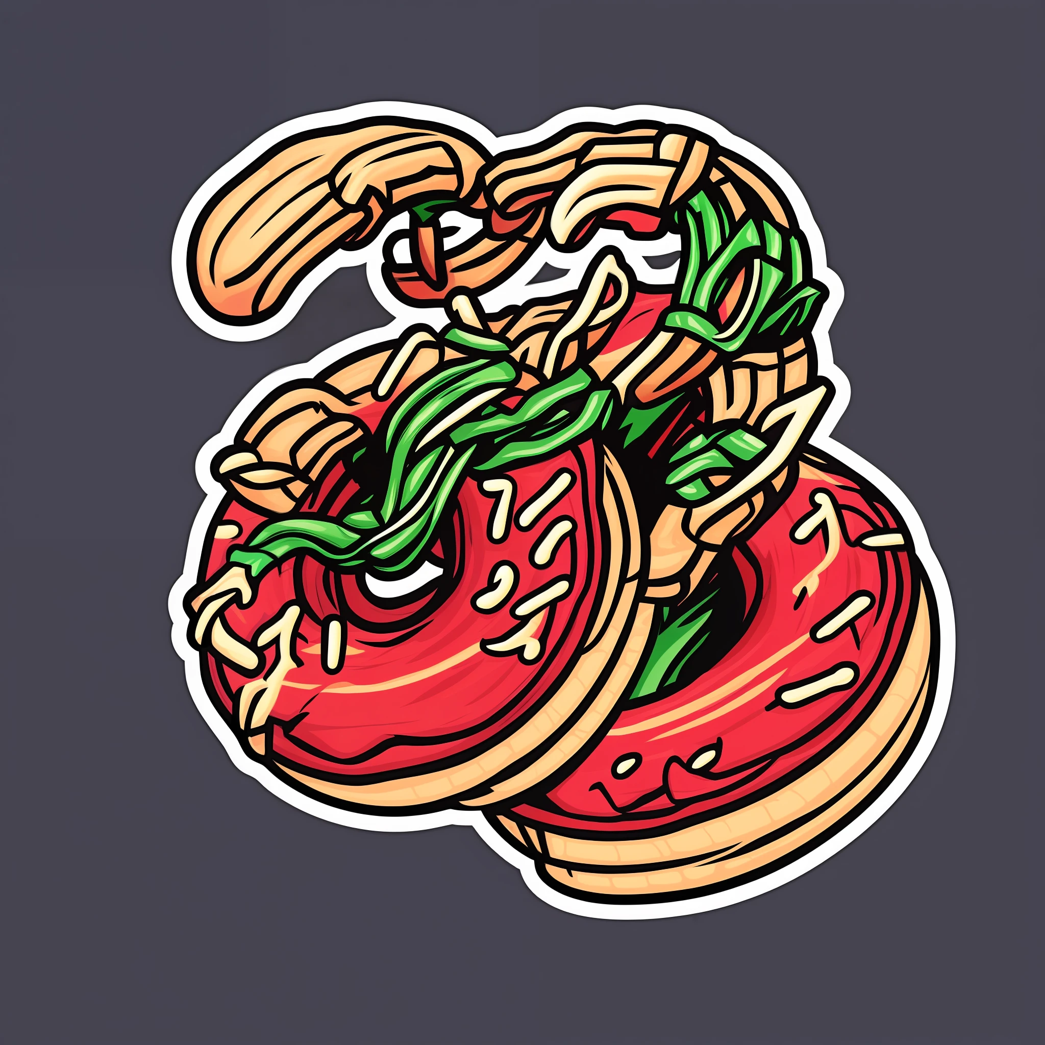 1Donut 1character illustration for a sticker with black background, bold contour style, trashcore, luminous shading, 8k