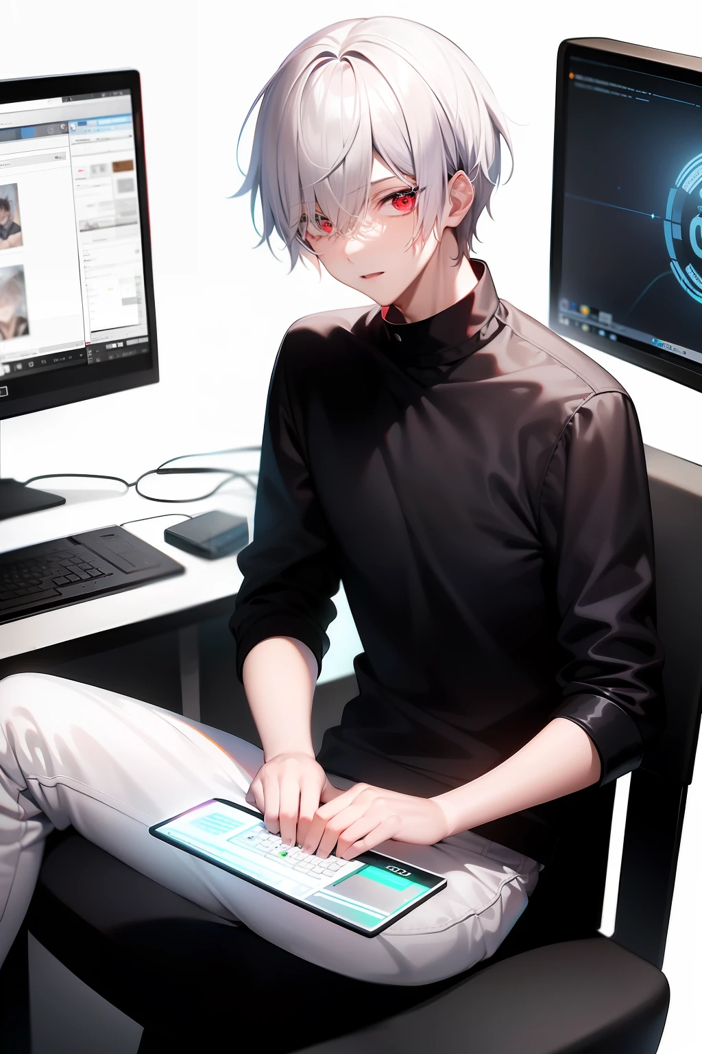 Best quality: 1.0), (Super High Resolution: 1.0), Anime boy, short white hair, red eyes, sitting in front of the computer playing games, background in the esports room,