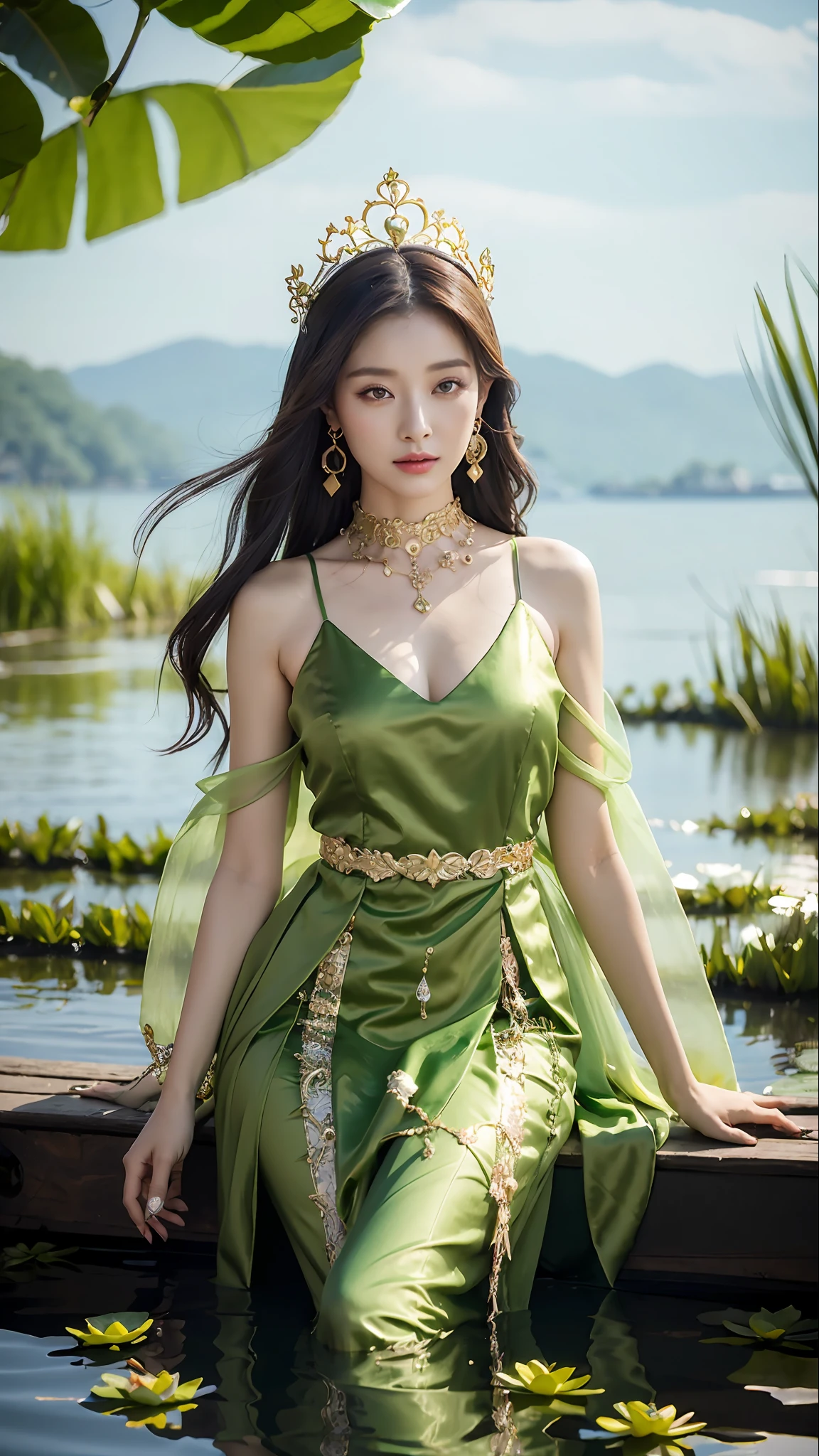 arafed woman in a green dress sitting on a dock in a pond, a beautiful fantasy empress, beautiful and elegant elf queen, very beautiful elven top model, inspired by Du Qiong, inspired by Lan Ying, gilded lotus princess, ((a beautiful fantasy empress)), beautiful elven princess, inspired by Wu Bin, queen of the sea mu yanling