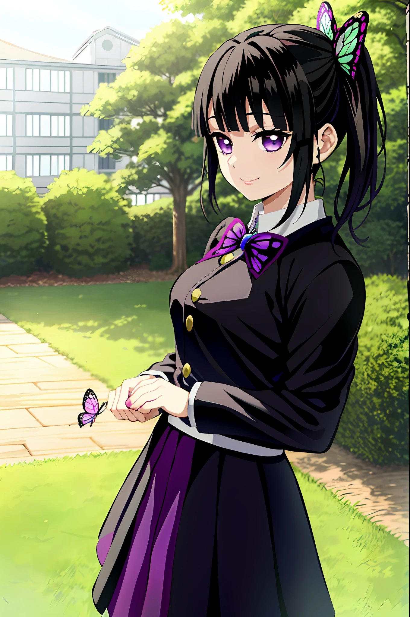 kimetsu no yaiba style, 1girl, butterfly hair ornament, hair ornament, butterfly, bug, demon slayer uniform, solo, purple eyes, side ponytail, butterfly on hand, smile, black hair, white cape, cape, outdoors, bangs, tree, fence, anime coloring,  ((masterpiece)), black uniform, black skirt,