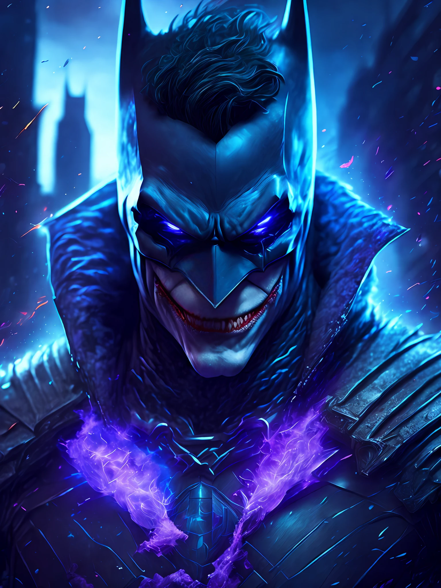 gloomy portrait of Batman Joker from DC, extremely detailed, futuristic cityscape, nighttime, glowing neon lights, smoke, sparks, metal shavings, flying debris, blue energy effects, volumetric light