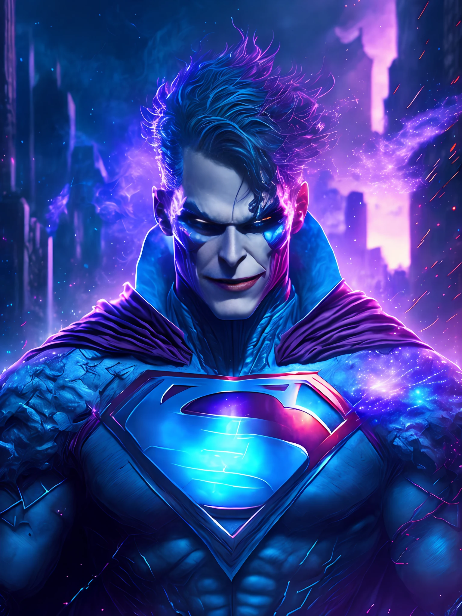 gloomy portrait of Cyborg Superman Joker from DC, extremely detailed, futuristic cityscape, nighttime, glowing neon lights, smoke, sparks, metal shavings, flying debris, blue energy effects, volumetric light