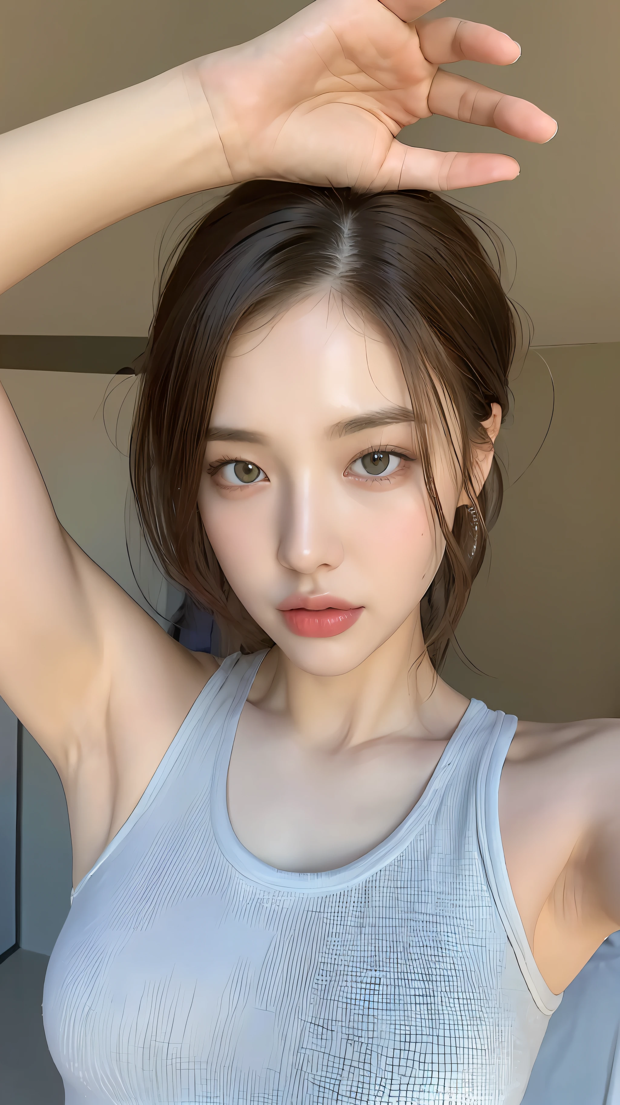 ((Best quality, 8k, Masterpiece :1.3)), 1girl, Pretty woman with emphasizing slender abs :1.3, (random hairstyles :1.2), Oversized tank top :1.2, Ultra-detailed face, Detailed eyes, Double eyelid, armpit