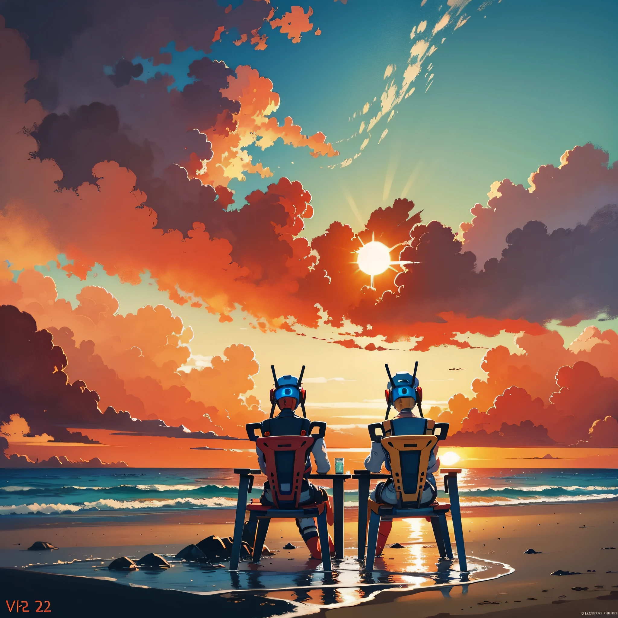 Landscape photo of a couple of robots sitting side by side on two chairs on the beach watching the sunset, the sun is red, their feet soaked in seawater: 1.2, ocean, wave clouds, digital painting, concept art, soft and sharp focus, intricate details, close-up, masterpiece --auto --v 6 --s2