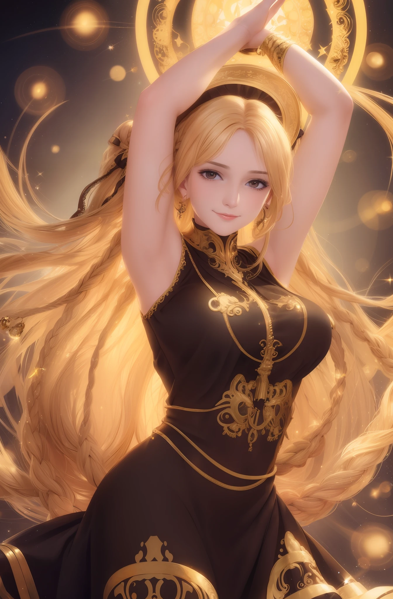 best quality, masterpiece, upper body,
(adult:1.6) hungarian woman, (smirk:0.4), arms behind head,
braided golden hair,
sparkling eyes,
victorian sundress,
floating light particles, centered,