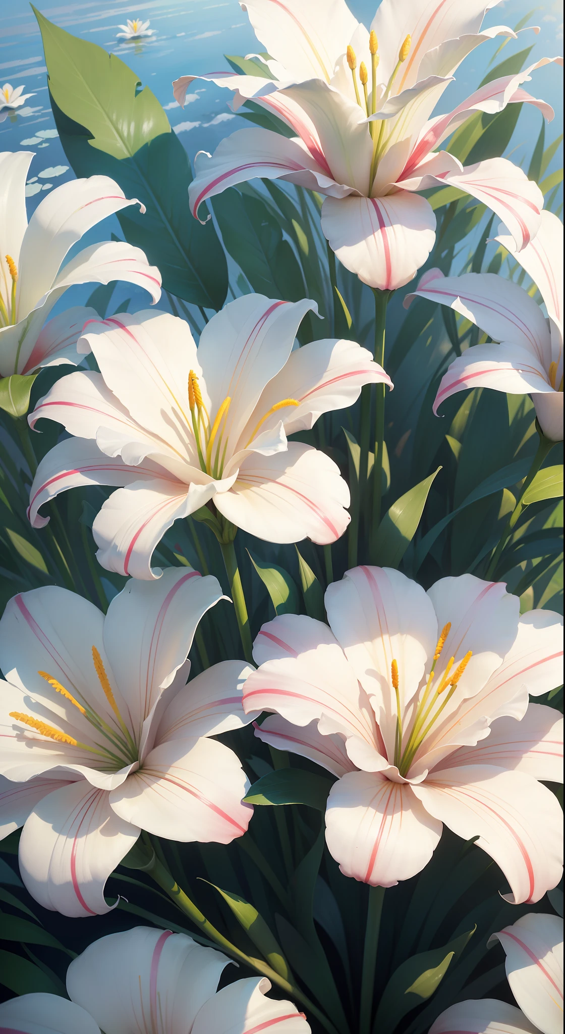 (High resolution: 1.1), Best quality, (Masterpiece: 1.2), Vivid colors, digital painting, white lilies, natural beauty, blue sky, close-up