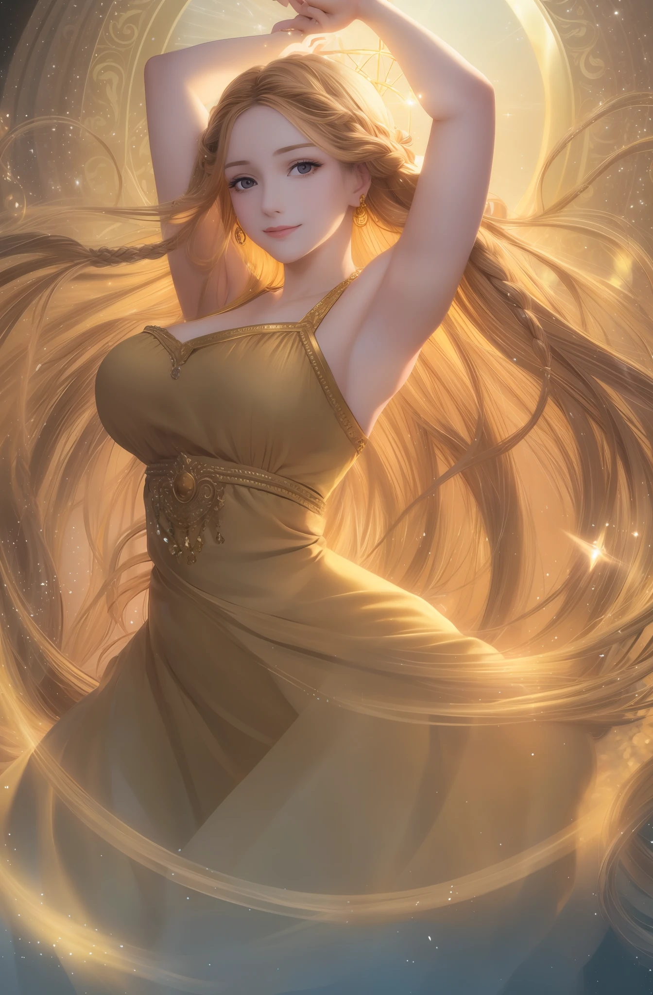 best quality, masterpiece, upper body,
(adult:1.6) hungarian woman, (smirk:0.4), arms behind head,
braided golden hair,
sparkling eyes,
victorian sundress,
 floating light particles, centered,