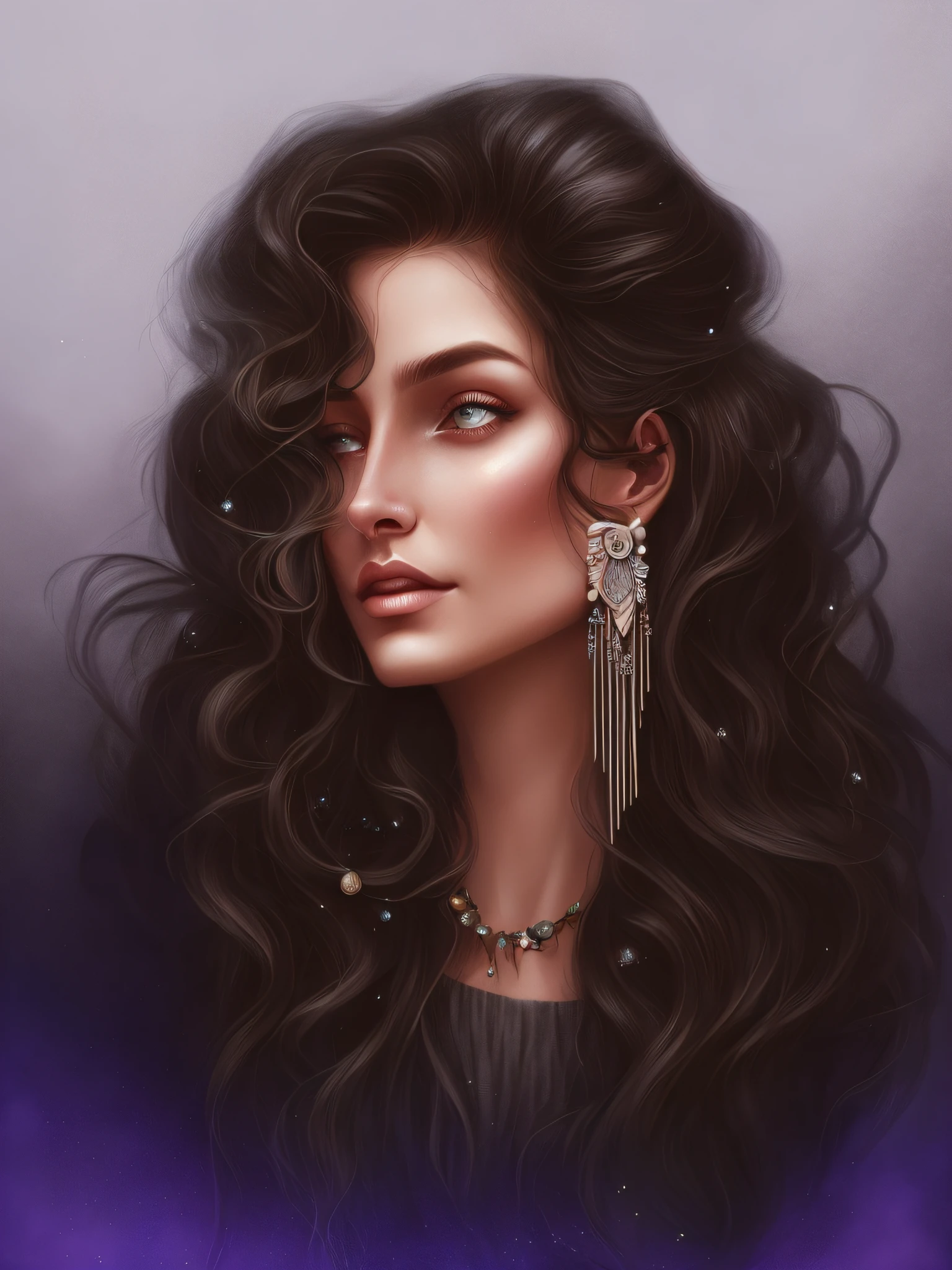 a drawing of a woman with long hair and earrings, in style of digital illustration, trending on artstration, epic portrait illustration, matte digital illustration, digital illustration portrait, procreate illustration, stunning digital illustration, in the art style of bowater, stunning art style, charlie bowater art style, digital portrait, beautiful digital illustration, digital fantasy portrait, style of charlie bowater