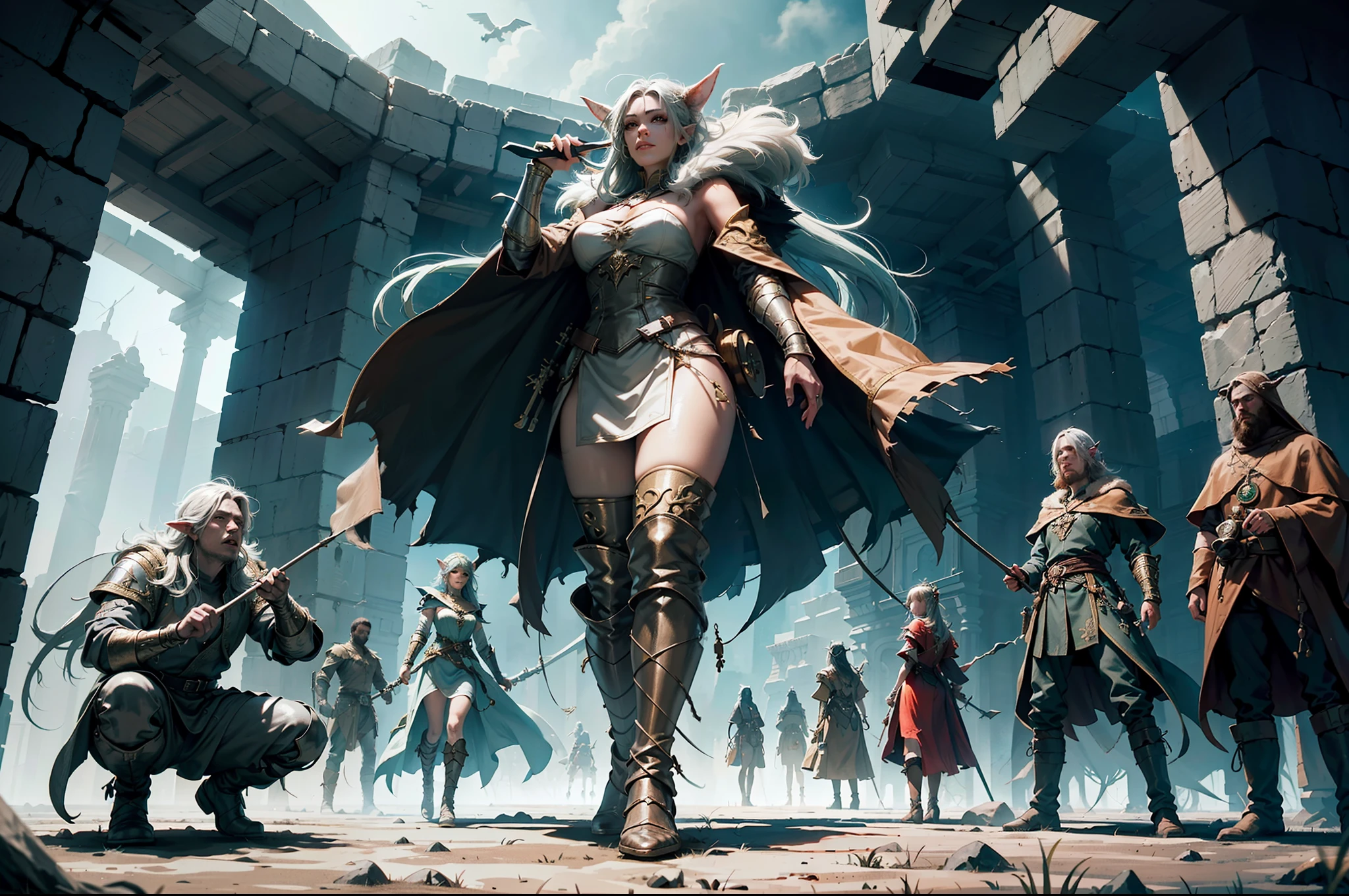 ((Best quality)), ((masterpiece)), (highly detailed:1.3)3D,tanjoreai , Amidst a realm of enchantment and mythical wonders, tales of (heroes:1.1) and (heroines:1.2) unfold. In this realm, ancient prophecies foretell the rise of a chosen champion destined to confront a malevolent force threatening to plunge the world into eternal darkness. The path to victory lies scattered across exotic and otherworldly landscapes, from mist-shrouded forests to towering crystalline peaks and (ethereal floating islands:1.1).Harnessing the arcane arts, (mighty wizards:1.1) conjure spells that weave intricate patterns of magic, while (elven archers:1.1) unleash arrows infused with ancient power. (Dwarven smiths craft legendary weapons:1.1) imbued with the essence of mythical creatures, capable of vanquishing even the most formidable foes.The heroes embark on a perilous quest, guided by ancient scrolls and cryptic riddles. Along their journey, they encounter wise mystics, shape-shifting creatures, and (mysterious sorceresses:1.1) who possess forbidden knowledge.As the heroes traverse the realms, ancient ruins and forgotten temples reveal long-lost secrets and powerful artifacts. The clash of steel and the crackling of (magical energies:1.1) echo through ancient battlegrounds, as the destiny of the world hangs in the balance. The heroes must summon unwavering courage, unwavering unity, and unlock their true potential to overcome seemingly insurmountable odds and fulfill their heroic destinies.In this realm of high fantasy, where the realms of magic and technology intertwine, where legends are born and (epic:1.2) sagas unfold, where heroes rise and villains fall, embark on a grand adventure that will captivate the imagination and transport you to a world where anything is possible,HDR (High Dynamic Range),Ray Tracing,NVIDIA RTX,Super-Resolution,Unreal 5,Subsurface scattering,PBR Texturing,Post-processing,Anisotropic Filtering,Depth-of-field,Maximum clarity and sharpness,Multi-layered textu