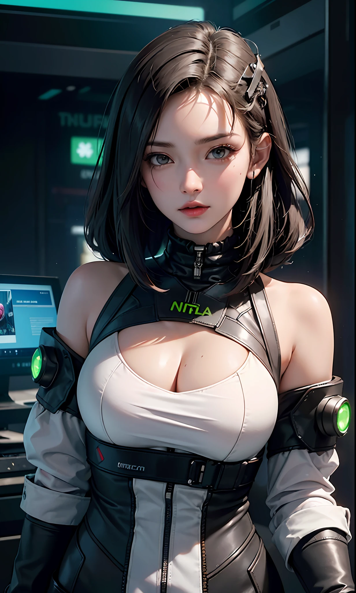 ((Best quality)), ((masterpiece)), (highly detailed:1.3), 3D, beautiful (cyberpunk:1.3) female hacker with thick voluminous hair operating a computer terminal, computer servers, LCD screens, fibre optic cables, corporate logos,HDR (High Dynamic Range),Ray Tracing,NVIDIA RTX,Super-Resolution,Unreal 5,Subsurface scattering,PBR Texturing,Post-processing,Anisotropic Filtering,Depth-of-field,Maximum clarity and sharpness,Multi-layered textures,Albedo and Specular maps,Surface shading,Accurate simulation of light-material interaction,Perfect proportions,Octane Render,Two-tone lighting,Low ISO,White balance,Rule of thirds,Wide aperature,8K RAW,Efficient Sub-Pixel,sub-pixel convolution,luminescent particles,