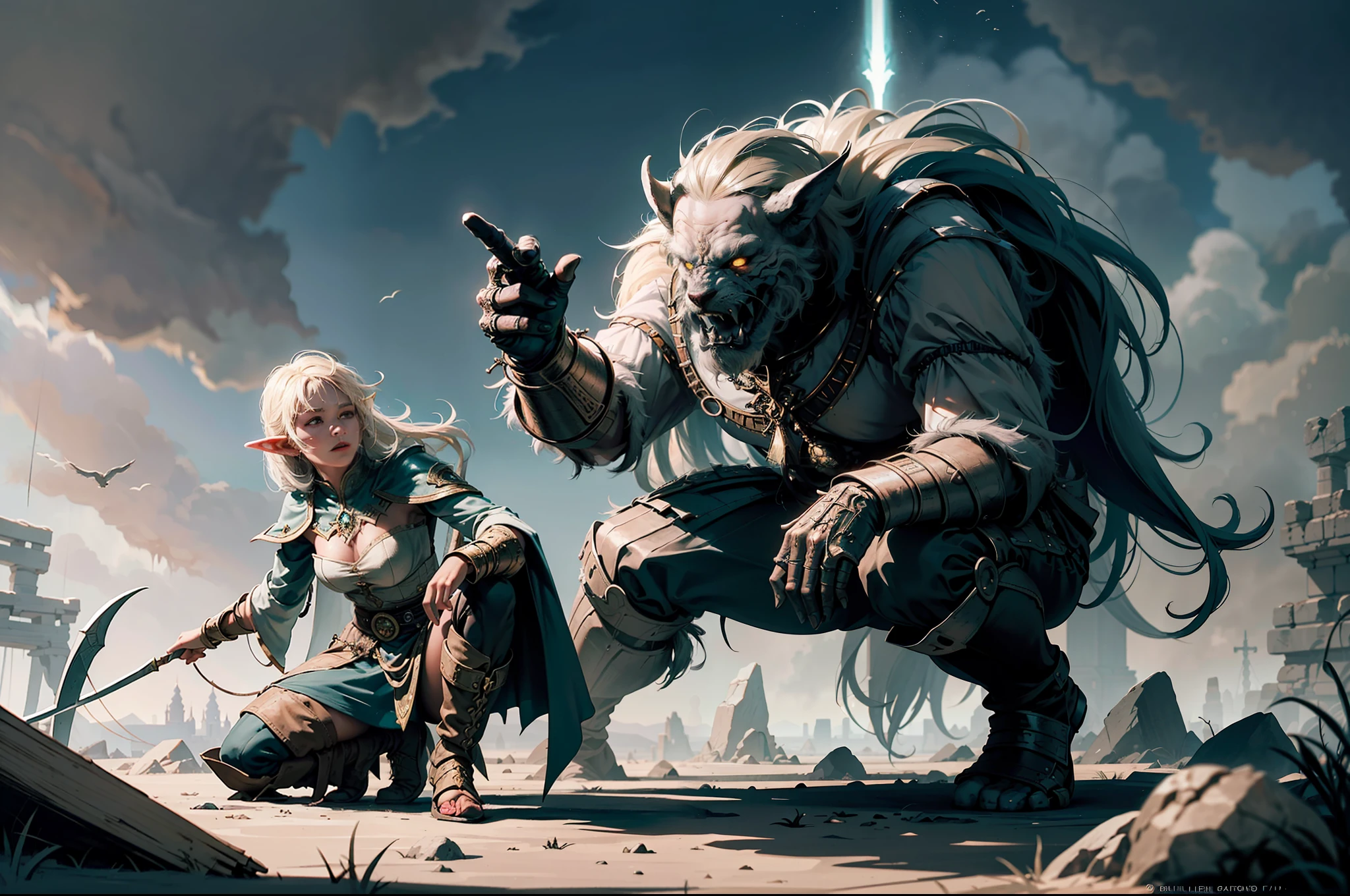 ((Best quality)), ((masterpiece)), (highly detailed:1.3)3D,tanjoreai , Amidst a realm of enchantment and mythical wonders, tales of (heroes:1.1) and (heroines:1.2) unfold. In this realm, ancient prophecies foretell the rise of a chosen champion destined to confront a malevolent force threatening to plunge the world into eternal darkness. The path to victory lies scattered across exotic and otherworldly landscapes, from mist-shrouded forests to towering crystalline peaks and (ethereal floating islands:1.1).Harnessing the arcane arts, (mighty wizards:1.1) conjure spells that weave intricate patterns of magic, while (elven archers:1.1) unleash arrows infused with ancient power. (Dwarven smiths craft legendary weapons:1.1) imbued with the essence of mythical creatures, capable of vanquishing even the most formidable foes.The heroes embark on a perilous quest, guided by ancient scrolls and cryptic riddles. Along their journey, they encounter wise mystics, shape-shifting creatures, and (mysterious sorceresses:1.1) who possess forbidden knowledge.As the heroes traverse the realms, ancient ruins and forgotten temples reveal long-lost secrets and powerful artifacts. The clash of steel and the crackling of (magical energies:1.1) echo through ancient battlegrounds, as the destiny of the world hangs in the balance. The heroes must summon unwavering courage, unwavering unity, and unlock their true potential to overcome seemingly insurmountable odds and fulfill their heroic destinies.In this realm of high fantasy, where the realms of magic and technology intertwine, where legends are born and (epic:1.2) sagas unfold, where heroes rise and villains fall, embark on a grand adventure that will captivate the imagination and transport you to a world where anything is possible,HDR (High Dynamic Range),Ray Tracing,NVIDIA RTX,Super-Resolution,Unreal 5,Subsurface scattering,PBR Texturing,Post-processing,Anisotropic Filtering,Depth-of-field,Maximum clarity and sharpness,Multi-layered textu