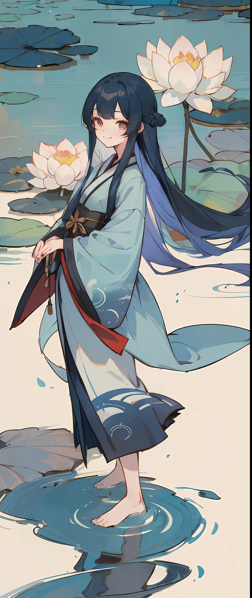 ((4k,masterpiece,best quality)), shuimobysim, traditional chinese ink painting, lotus, hanfu, maxiskit, dress conservatively 1girl, solo, long blue hair, smile, standing, feet in the water, barefoot,