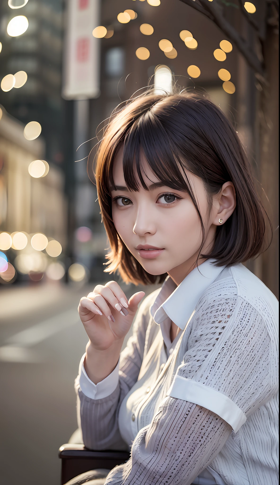 (8k, RAW photo, best quality, masterpiece:1.2), (realistic, photo-realistic:1.37), ultra-detailed,
1 girl,cute, solo,beautiful detailed sky,detailed cafe,night,sitting,mature women, 28 yo, dating,(nose blush),(smile:1.1),(closed mouth),large breasts, seductive smile, large aparture, professional lighting, Sony A7R4, Zessie 50mm F1.8,
beautiful detailed eyes,(collared shirt:1.1),pleated skirt,(short hair:1.2),floating hair, --s2