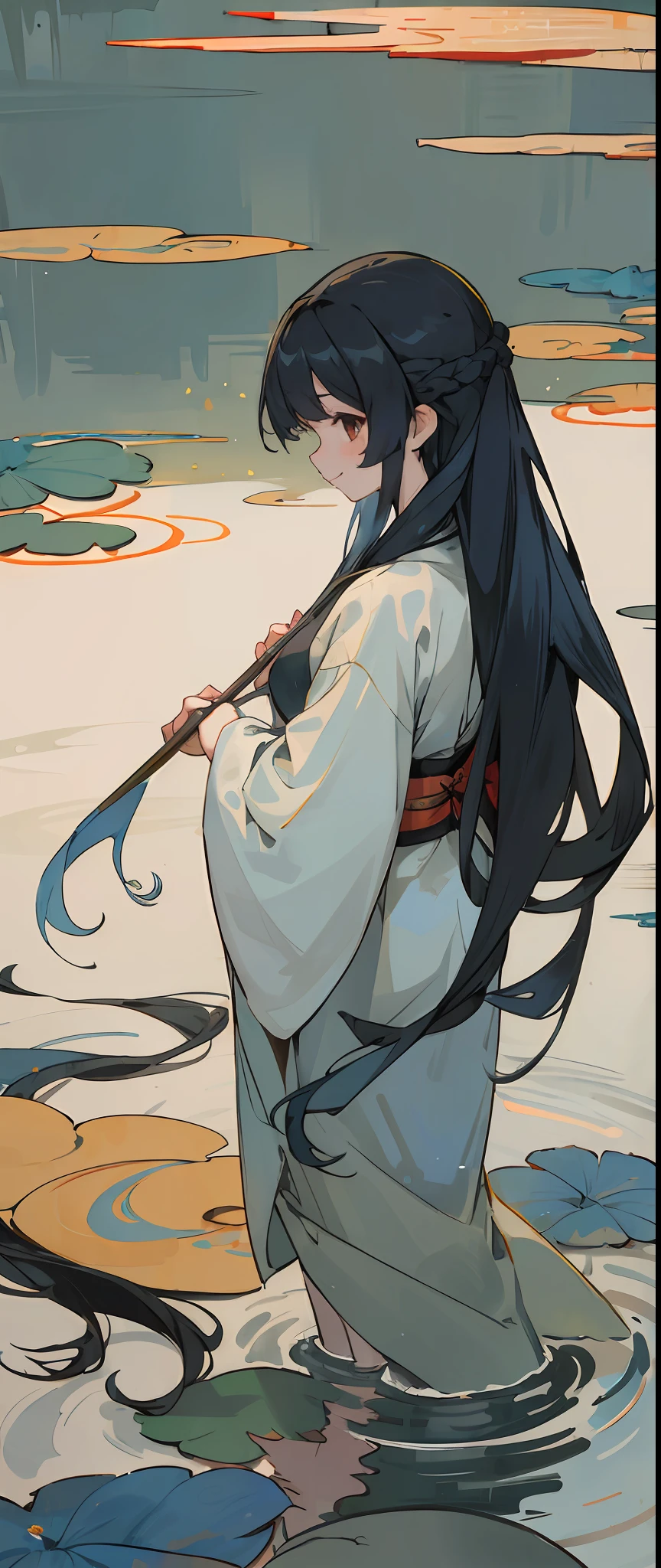 ((4k,masterpiece,best quality)), shuimobysim, traditional chinese ink painting, lotus, hanfu, maxiskit, dress conservatively 1girl, solo, long blue hair, smile, standing, feet in the water, barefoot,