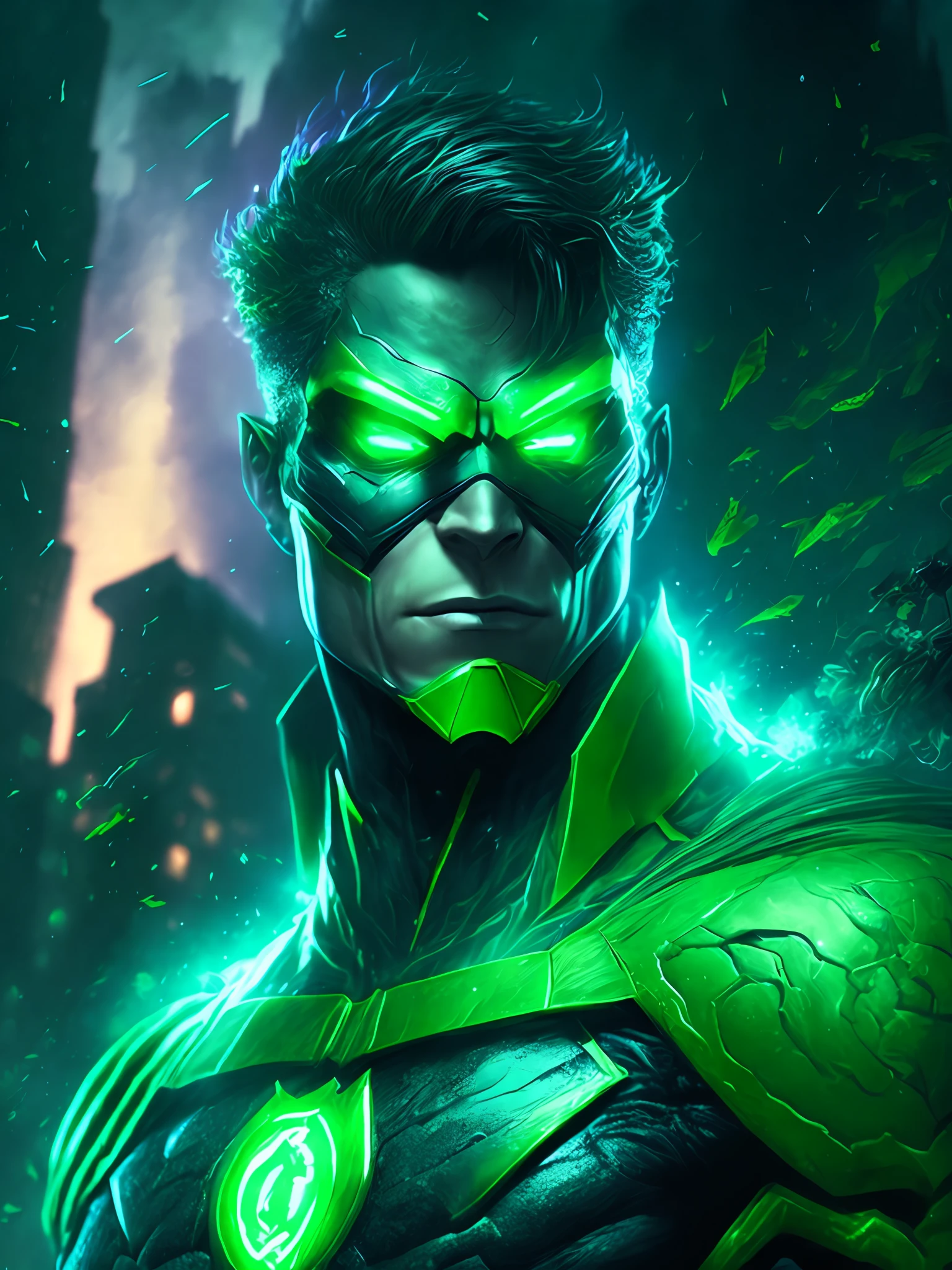 gloomy portrait of God Green Lantern from DC, extremely detailed, futuristic cityscape, nighttime, glowing neon lights, smoke, sparks, metal shavings, flying debris, blue energy effects, volumetric light