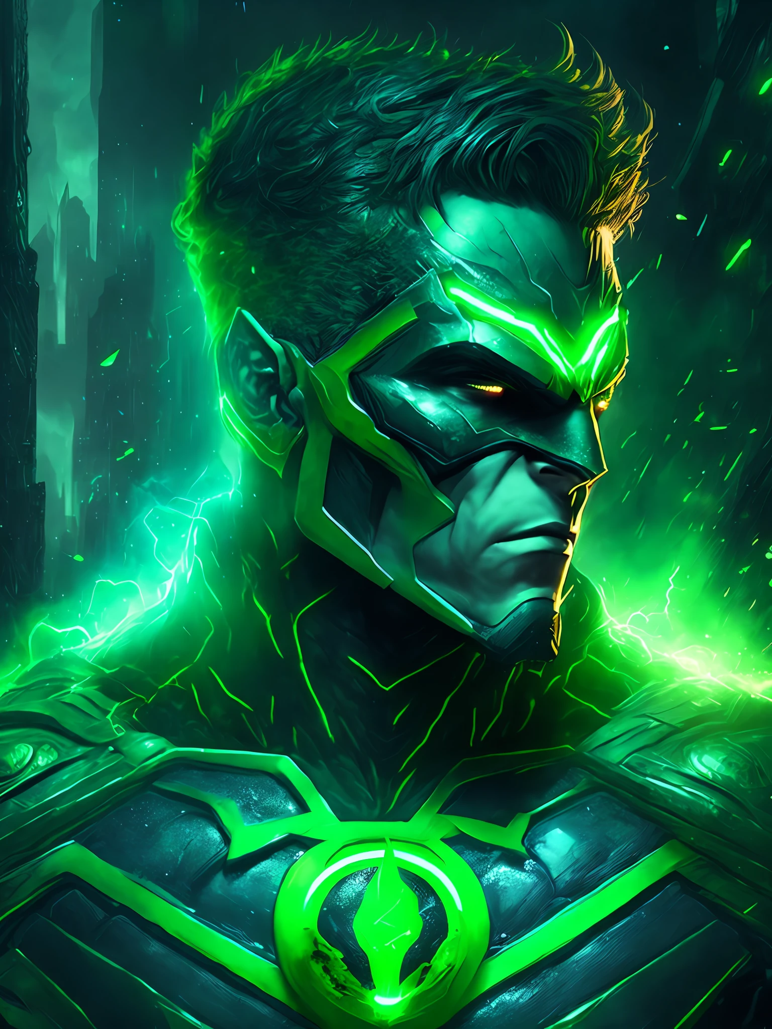 gloomy portrait of God Green Lantern from DC, extremely detailed, futuristic cityscape, nighttime, glowing neon lights, smoke, sparks, metal shavings, flying debris, blue energy effects, volumetric light