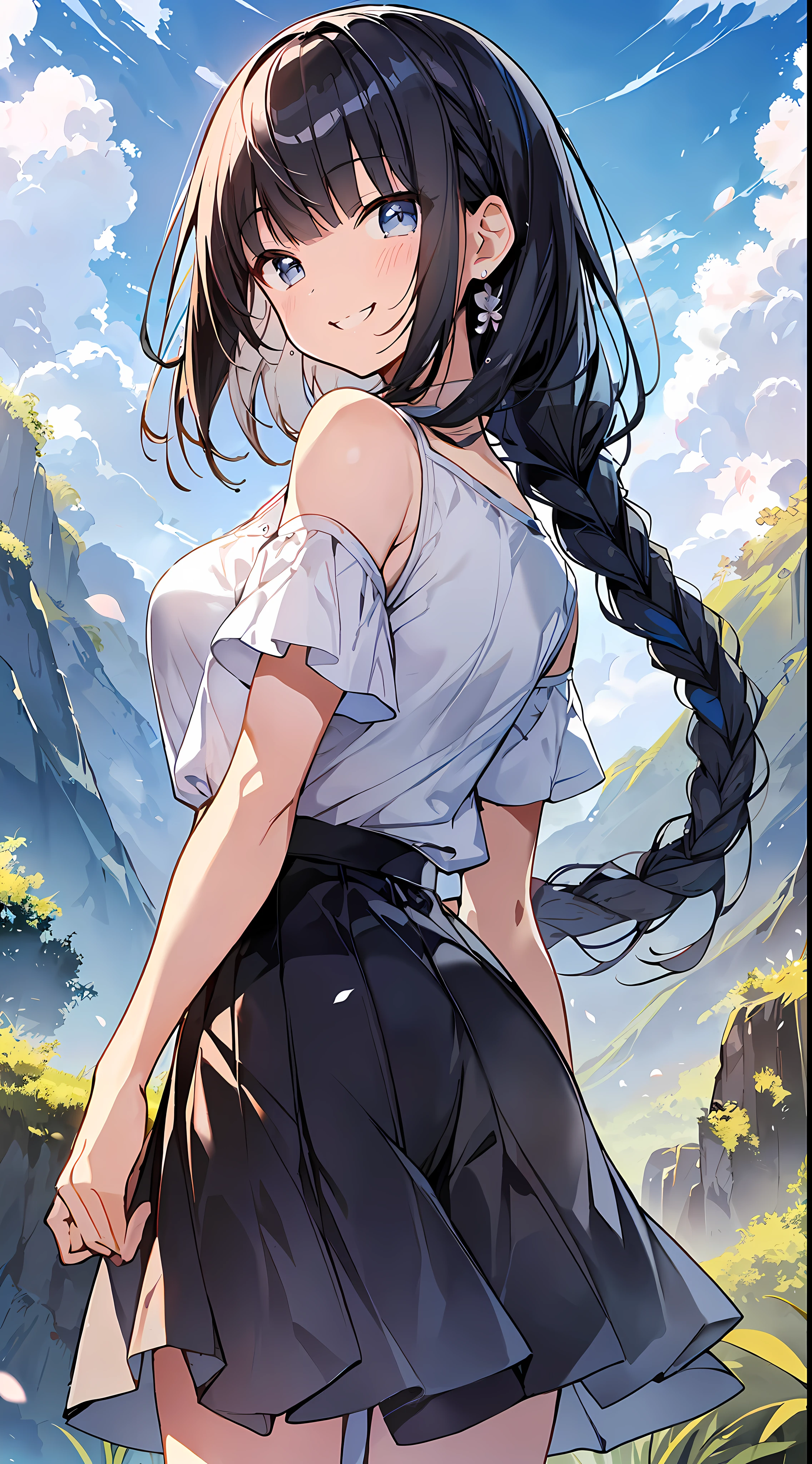 Top Quality, Masterpiece, Ultra High Definition, 8K, Summer Sky, Early Summer, ((Short Sleeve Cutter Shirt, Pleated Skirt), Shojo Manga Style Loli, One, Soft Line Art, Digital Enhancement, Shojo Manga Touch, Shojo Manga Core, Flowing Fabric, Close Up, (Shoulder Length and Short Braid)), Wet Hair, Staring at us from the front, Soft Drawing, Beautiful Black Hair, Clear eyes, (((teasing smile)), ultra-detailed digital anime art, clear face depiction, ultra-detailed shojo manga character art, ultra-detailed manga style, top quality colors, hand gestures, landscape with nature, looking up at the sky, sd character